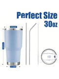 Stainless Steel Double Wall Insulated Tumbler with Straw Lid Brush for Hot Cold Drinks Blue