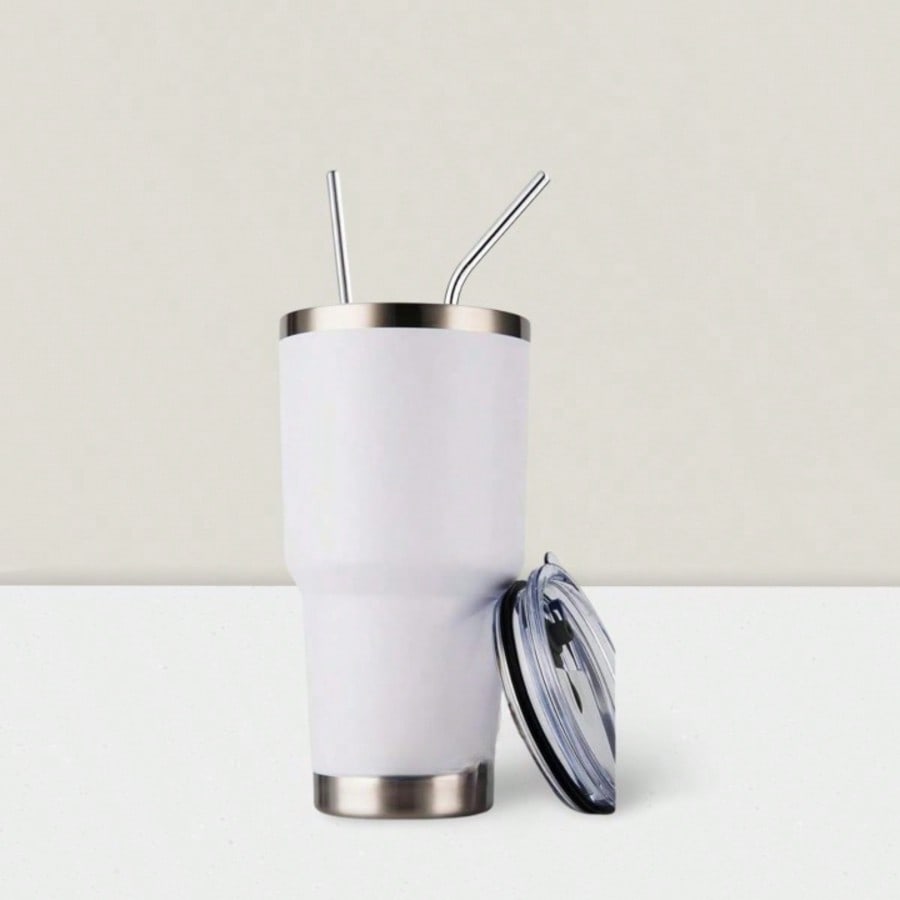 Stainless Steel Double Wall Insulated Tumbler With Straw, Lid, And Cleaning Brush For Hot & Cold Beverages-White,