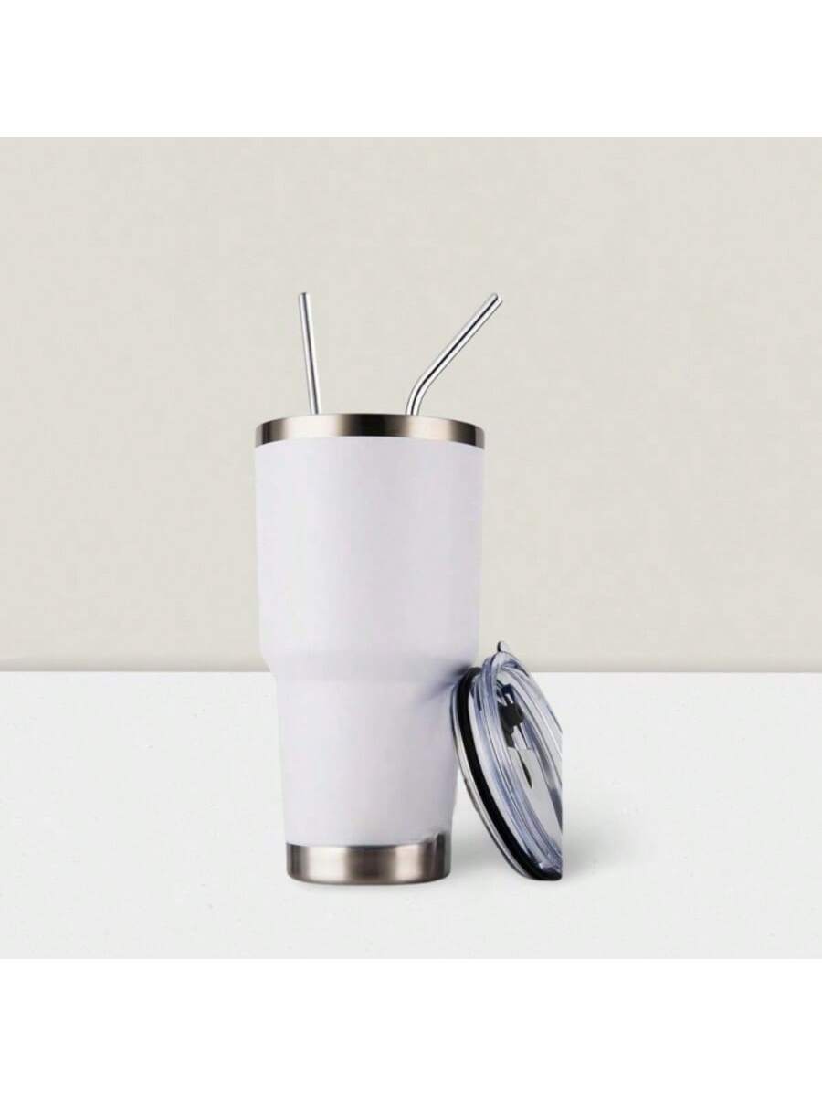 Stainless Steel Double Wall Insulated Tumbler With Straw, Lid, And Cleaning Brush For Hot & Cold Beverages-White,