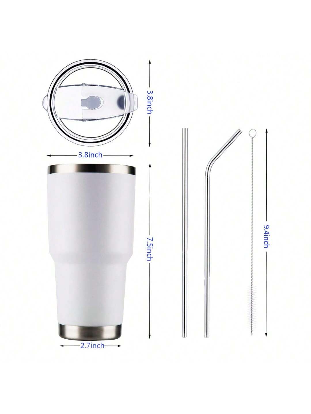 Stainless Steel Double Wall Insulated Tumbler With Straw, Lid, And Cleaning Brush For Hot & Cold Beverages-White,