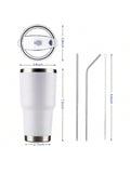 Stainless Steel Double Wall Insulated Tumbler With Straw, Lid, And Cleaning Brush For Hot & Cold Beverages-White,