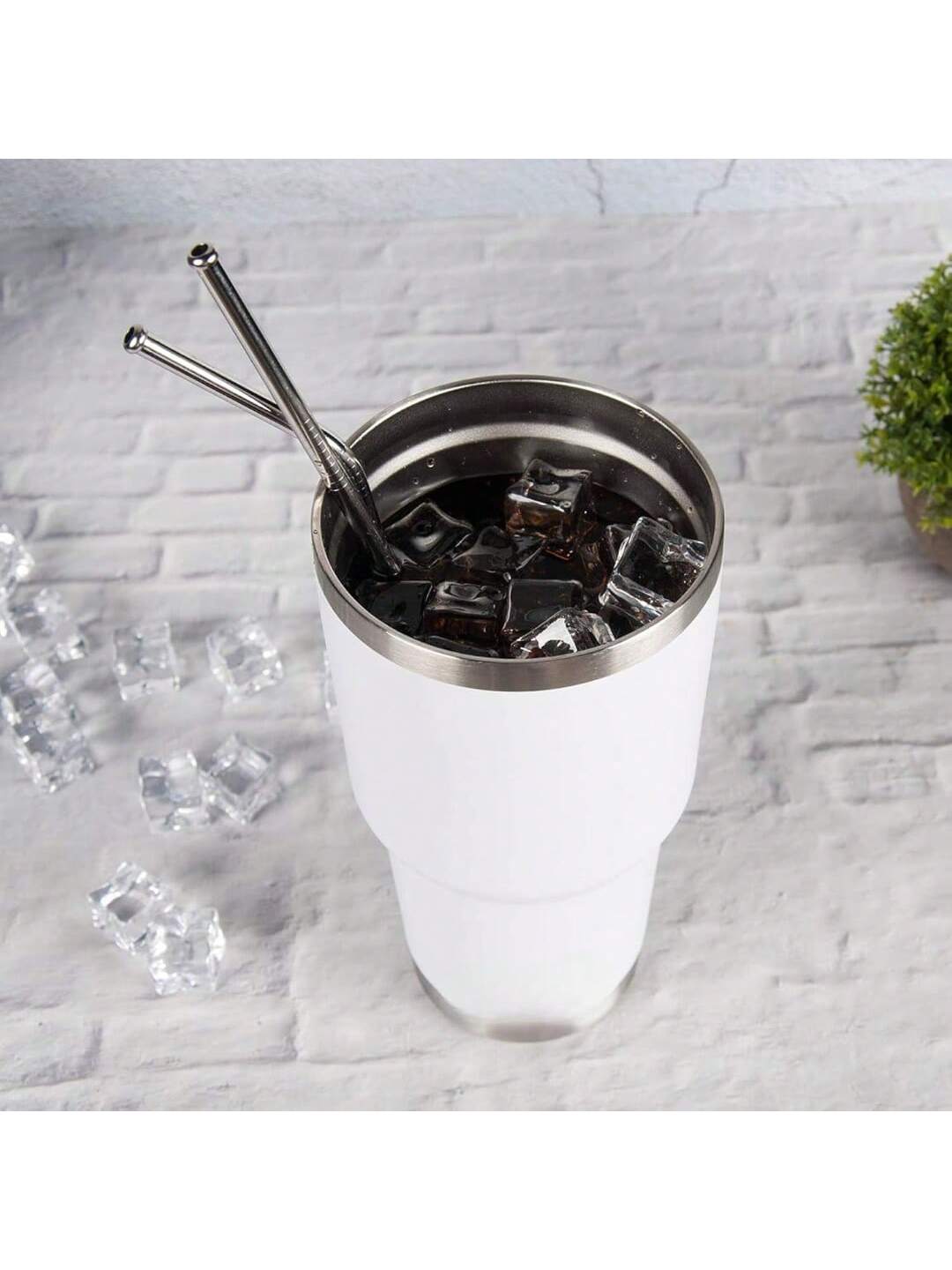 Stainless Steel Double Wall Insulated Tumbler With Straw, Lid, And Cleaning Brush For Hot & Cold Beverages-White,