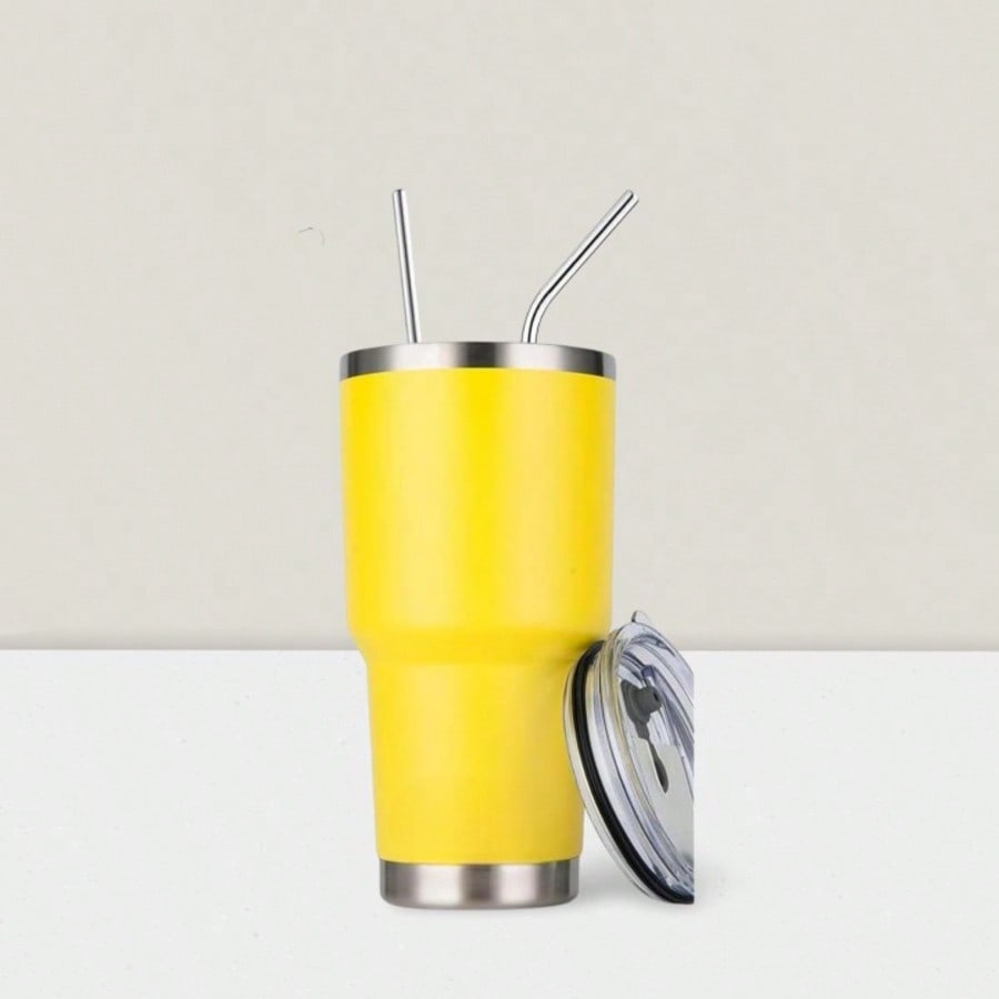 Stainless Steel Double Wall Insulated Tumbler With Straw, Lid, And Cleaning Brush For Hot & Cold Beverages-Yellow,