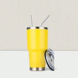 Stainless Steel Double Wall Insulated Tumbler With Straw, Lid, And Cleaning Brush For Hot & Cold Beverages-Yellow,