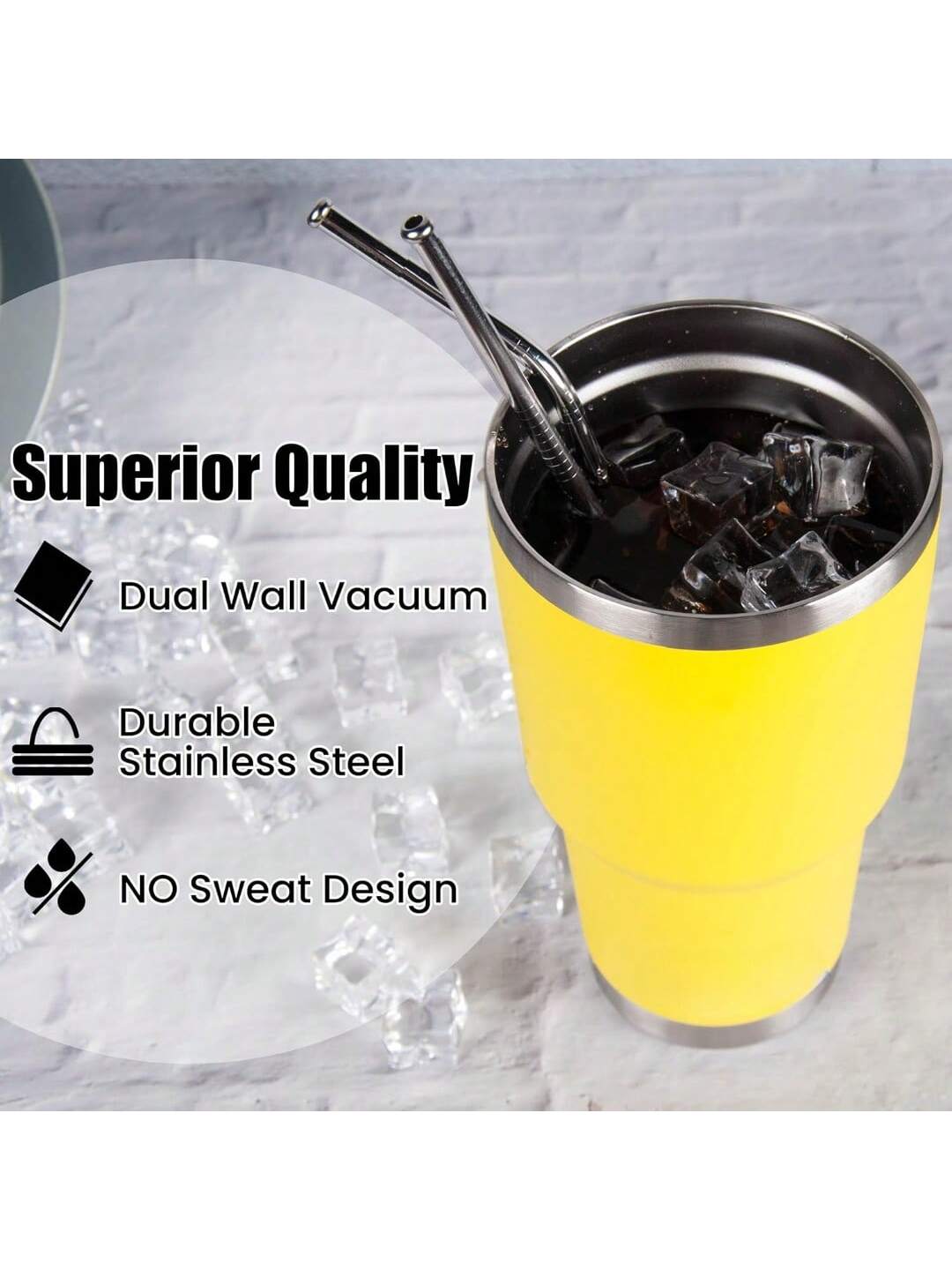 Stainless Steel Double Wall Insulated Tumbler With Straw, Lid, And Cleaning Brush For Hot & Cold Beverages-Yellow,
