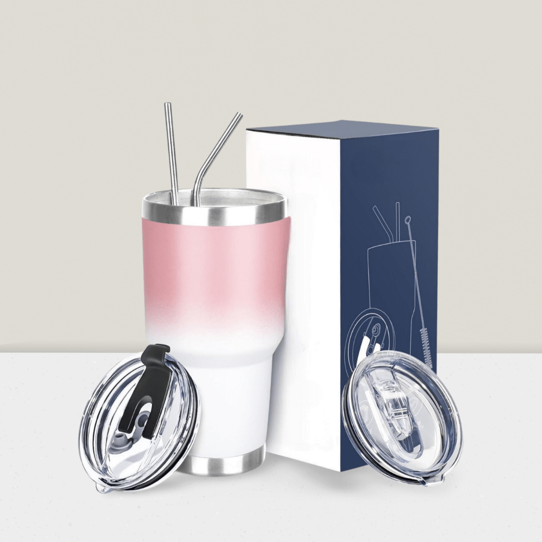 30oz Stainless Steel Tumbler with Lid Straw Double Wall Insulated Travel Mug Pink White