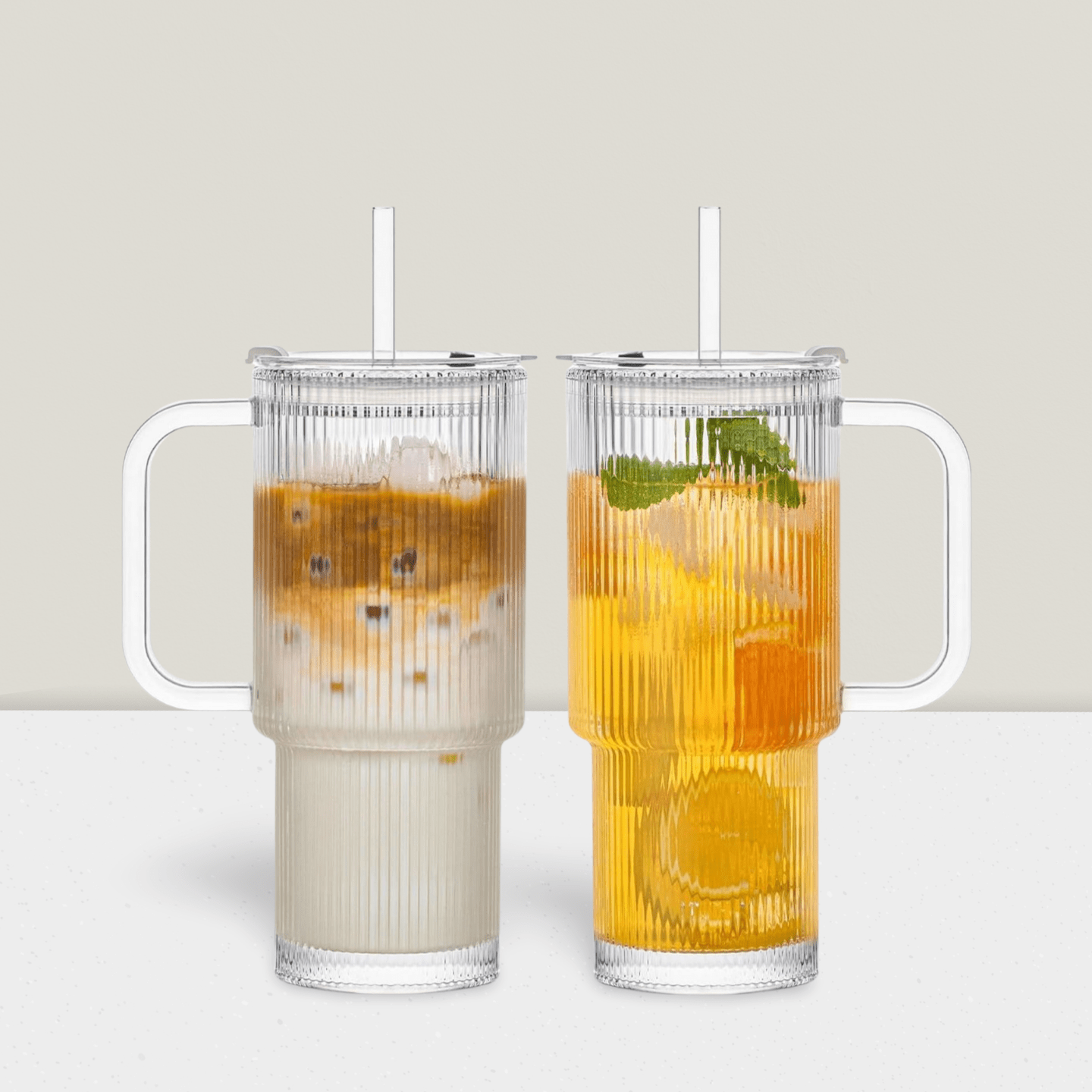 2-Pack 26oz Ribbed Glass Tumblers with Handle Lid and Straws
