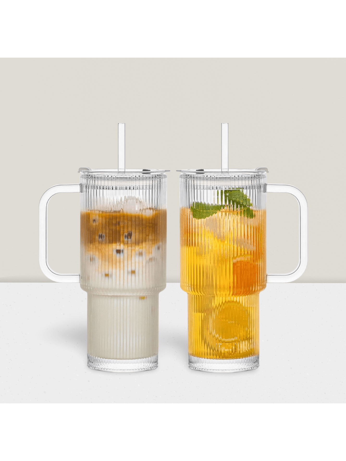 2-Pack 26oz Ribbed Glass Tumblers with Handle Lid and Straws