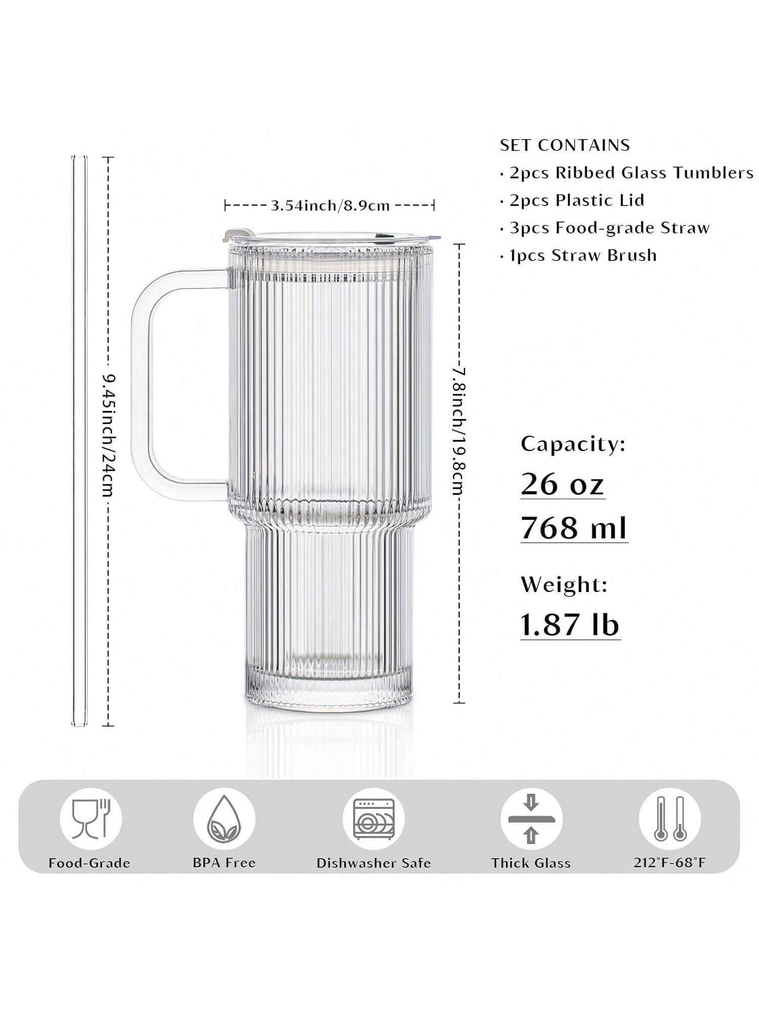2-Pack 26oz Ribbed Glass Tumblers with Handle Lid and Straws