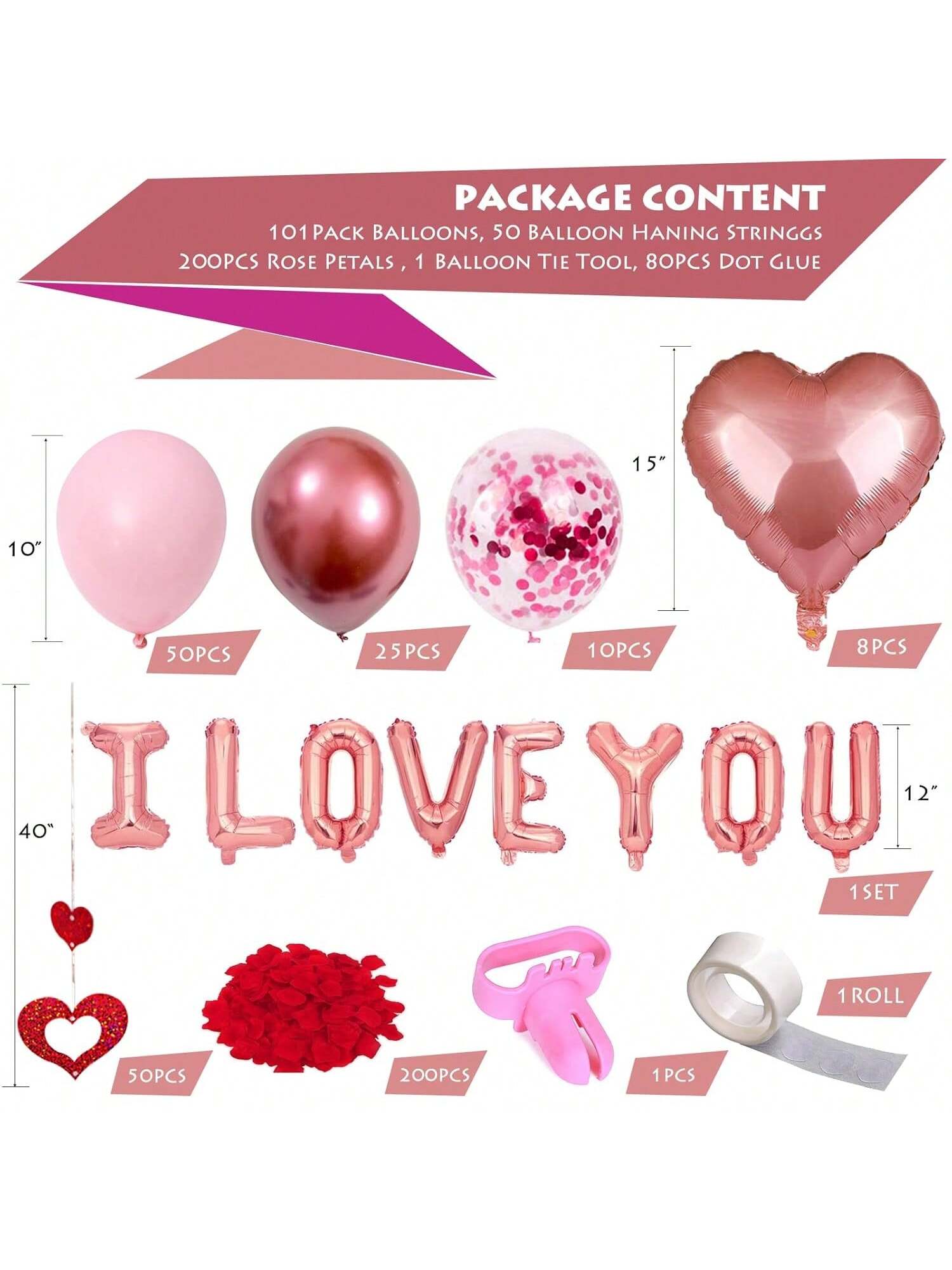 101PCS Rose Gold Balloon Kit with Hearts and I Love You Balloons for Anniversary