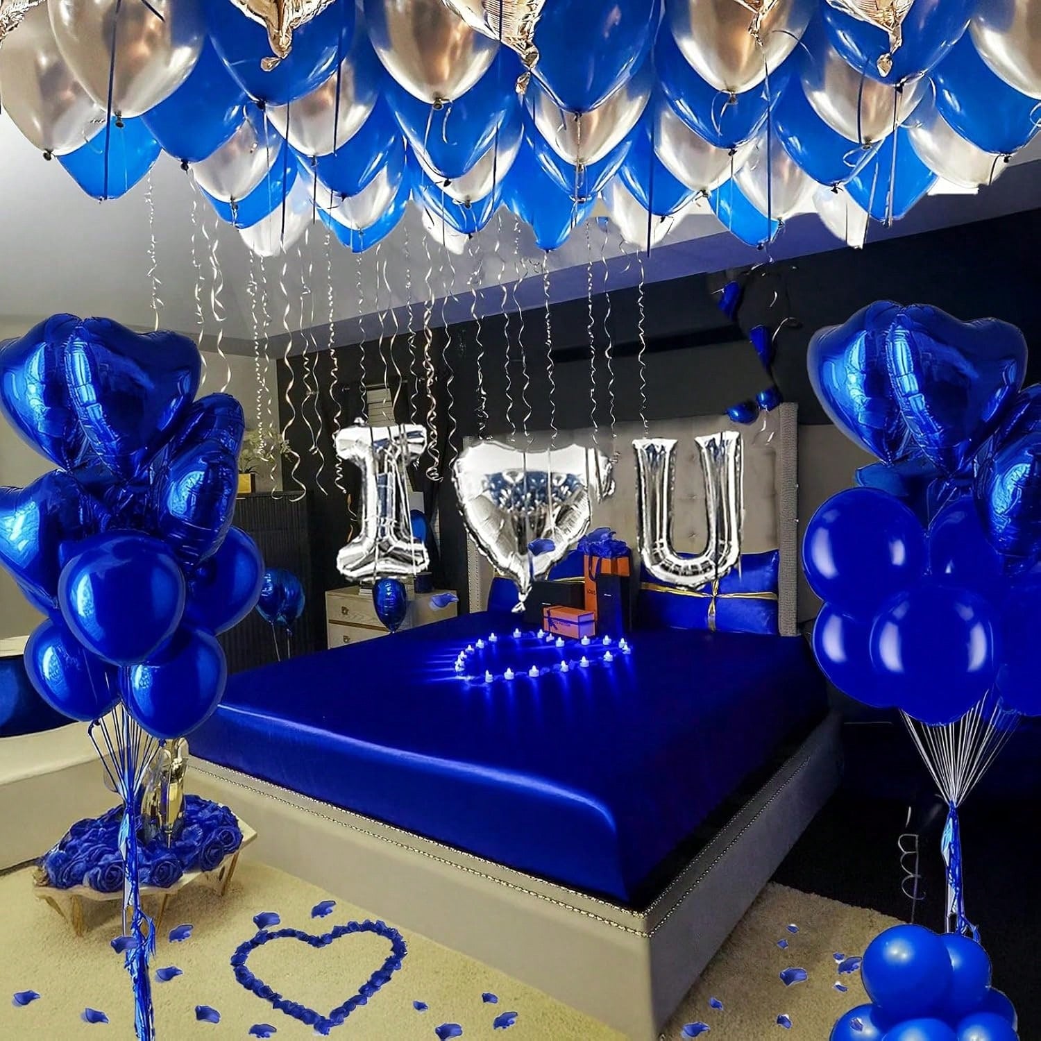 56PCS I Love You Balloon Kit Blue Silver Hearts with Rose Petals for Romantic Decor