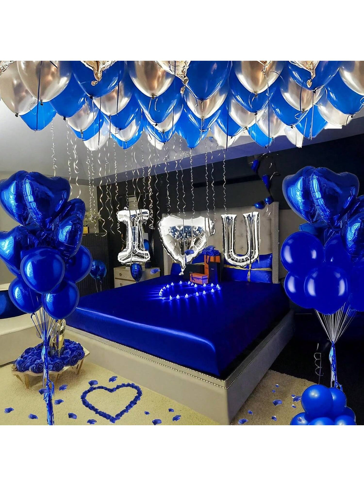 56PCS I Love You Balloon Kit Blue Silver Hearts with Rose Petals for Romantic Decor