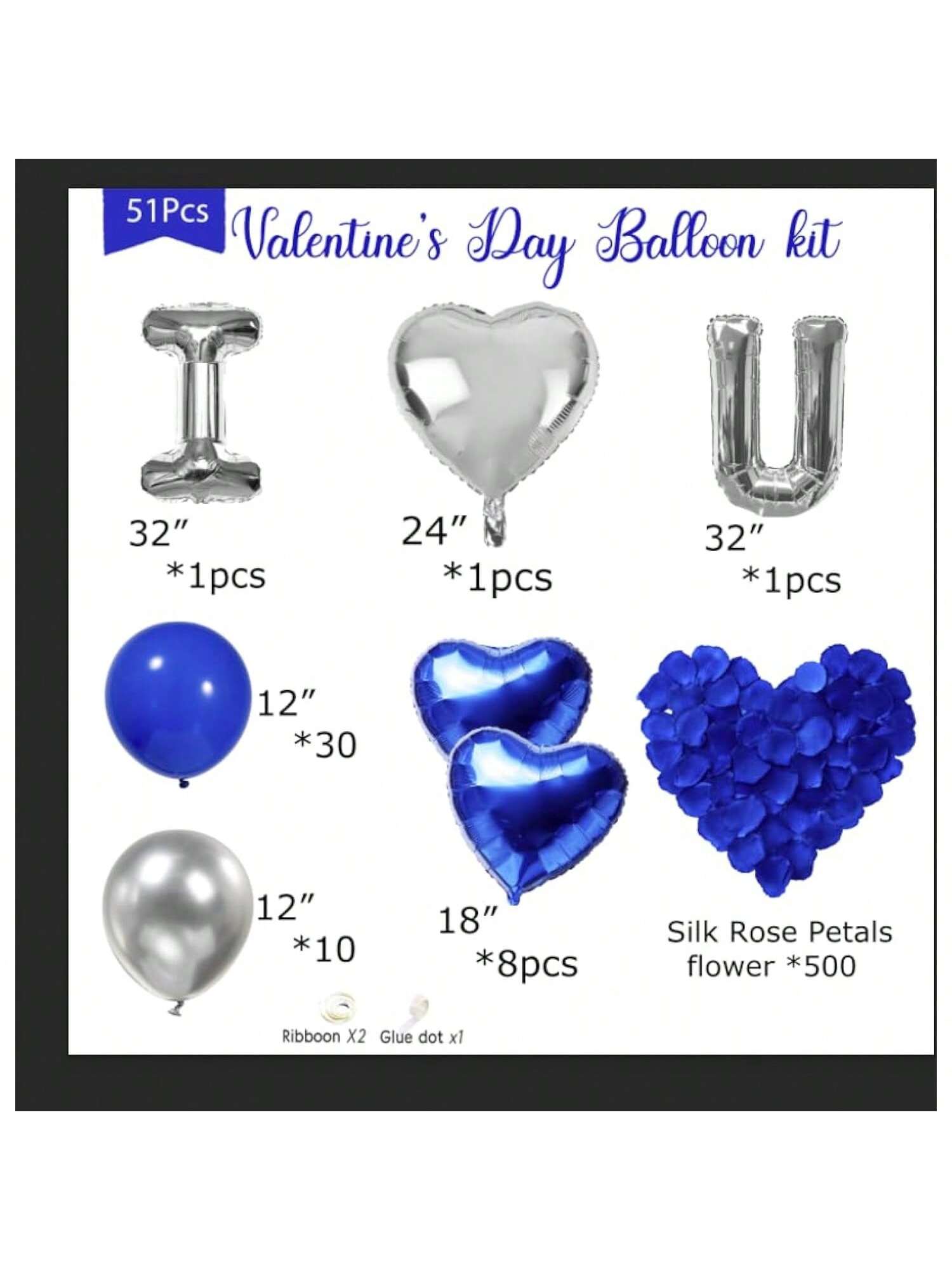 56PCS I Love You Balloon Kit Blue Silver Hearts with Rose Petals for Romantic Decor