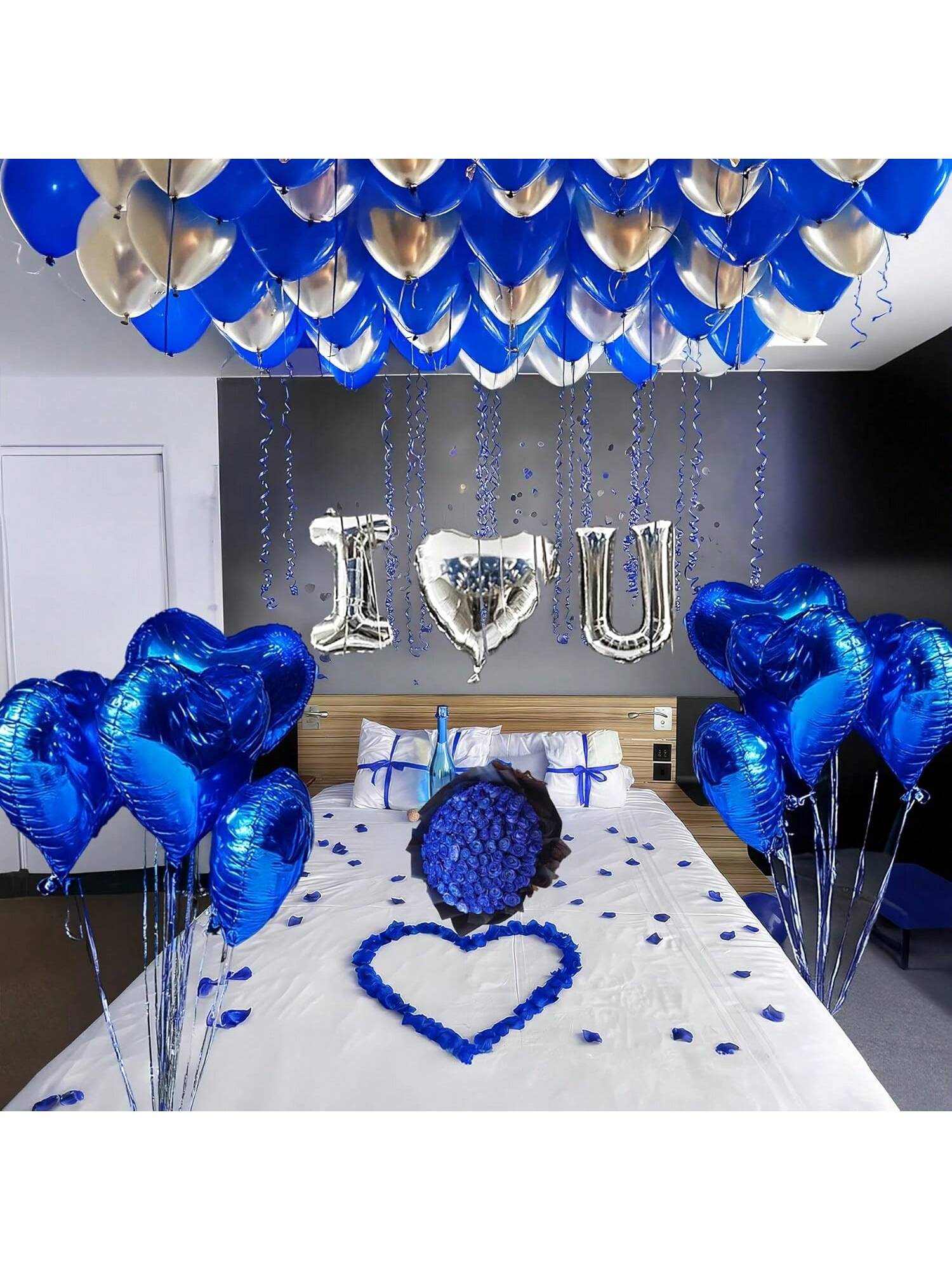 56PCS I Love You Balloon Kit Blue Silver Hearts with Rose Petals for Romantic Decor