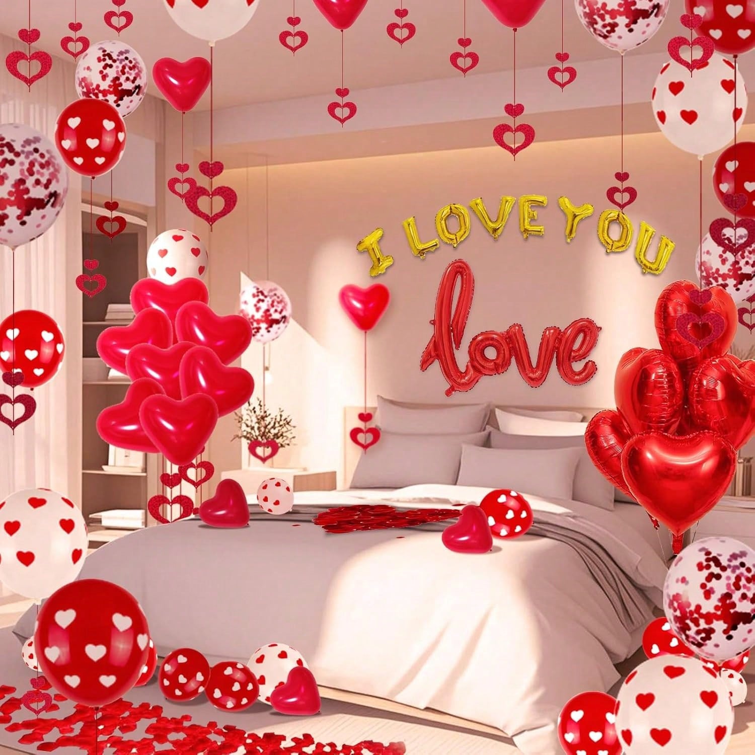 Valentine Balloons Set 110 pcs with Silk Rose Petals Hearts for Wedding Party