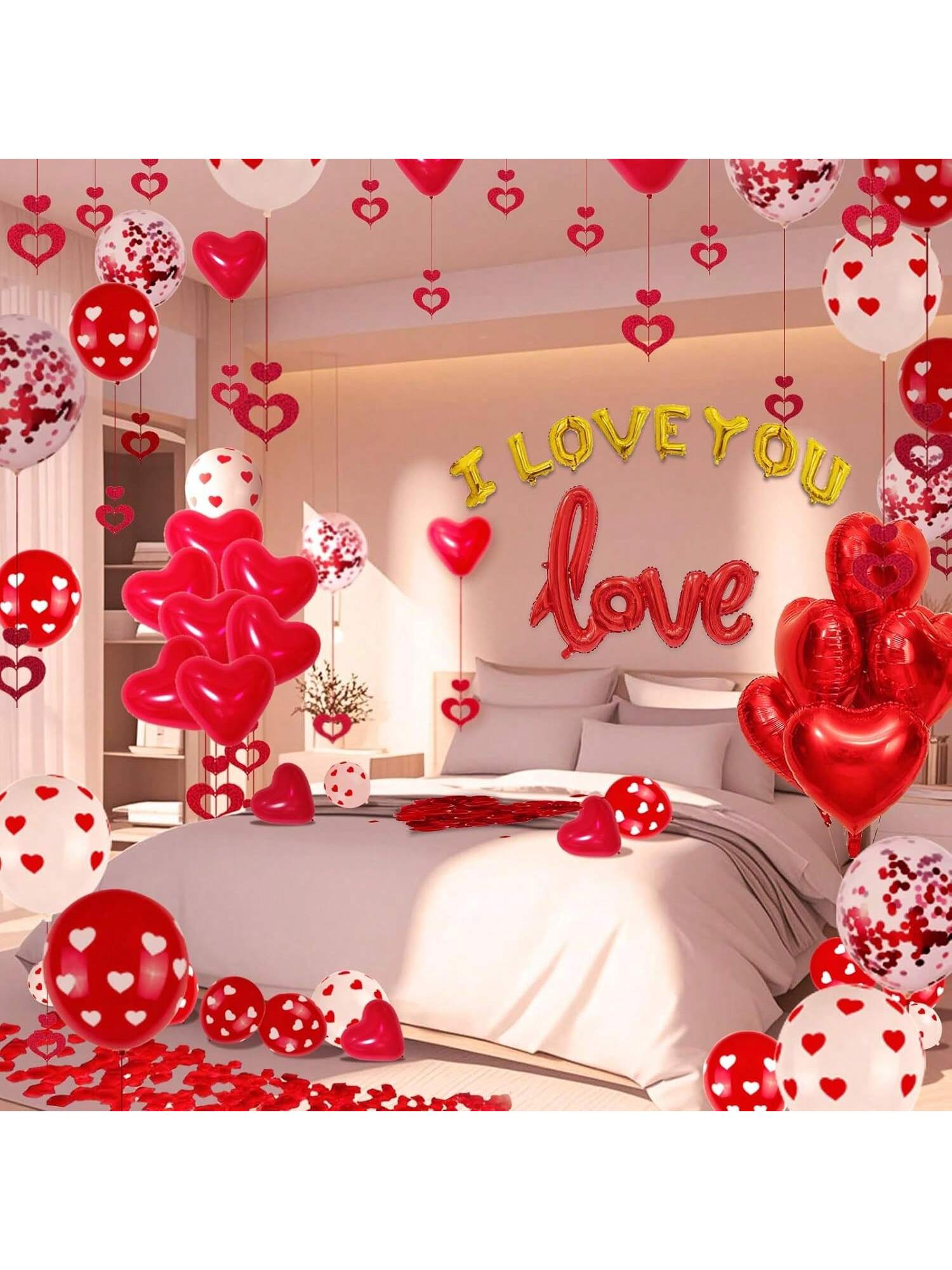 Valentine Balloons Set 110 pcs with Silk Rose Petals Hearts for Wedding Party