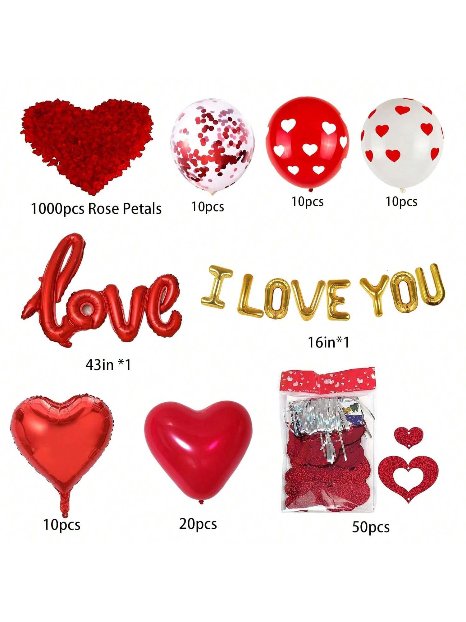 Valentine Balloons Set 110 pcs with Silk Rose Petals Hearts for Wedding Party