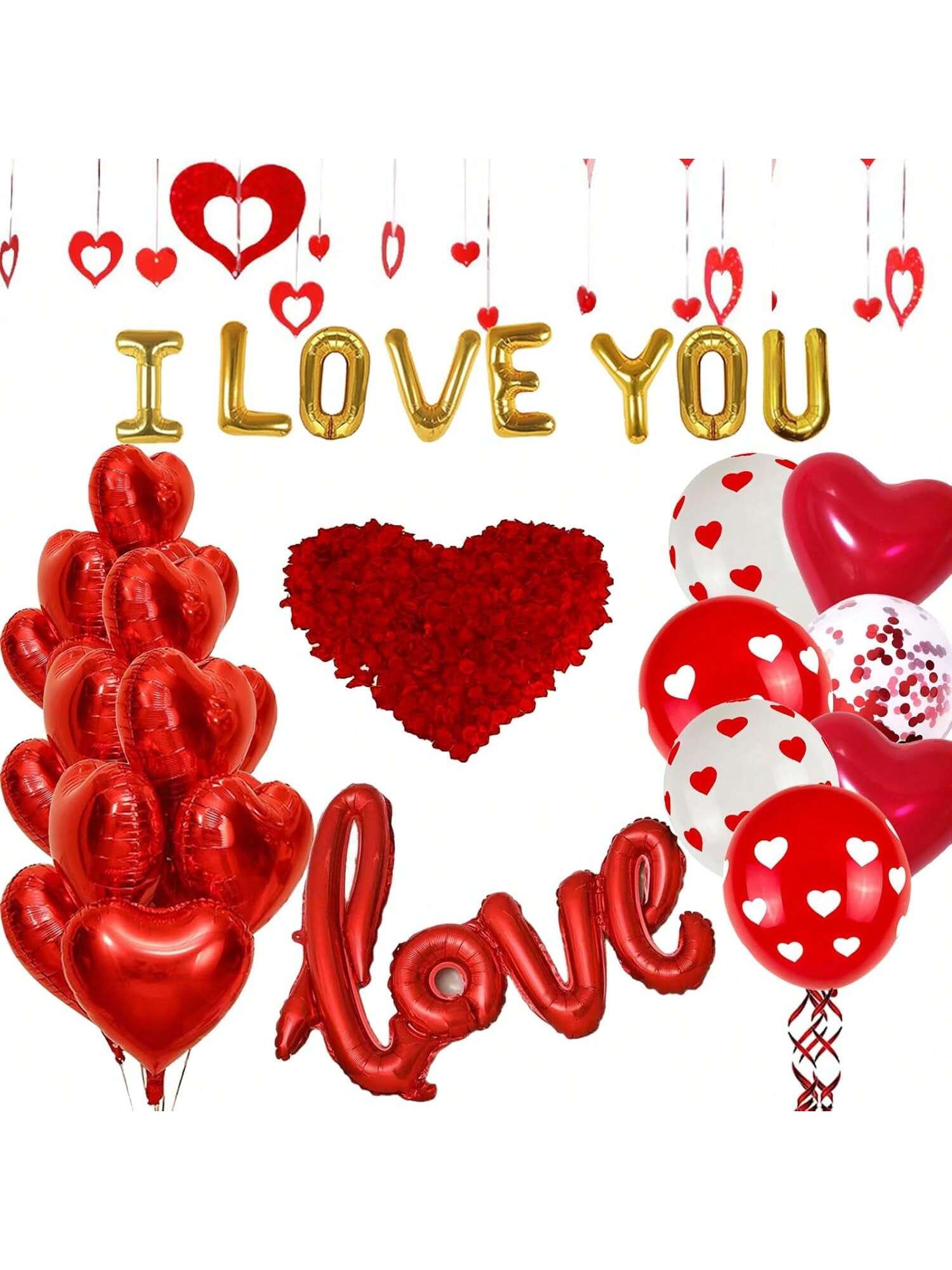 Valentine Balloons Set 110 pcs with Silk Rose Petals Hearts for Wedding Party