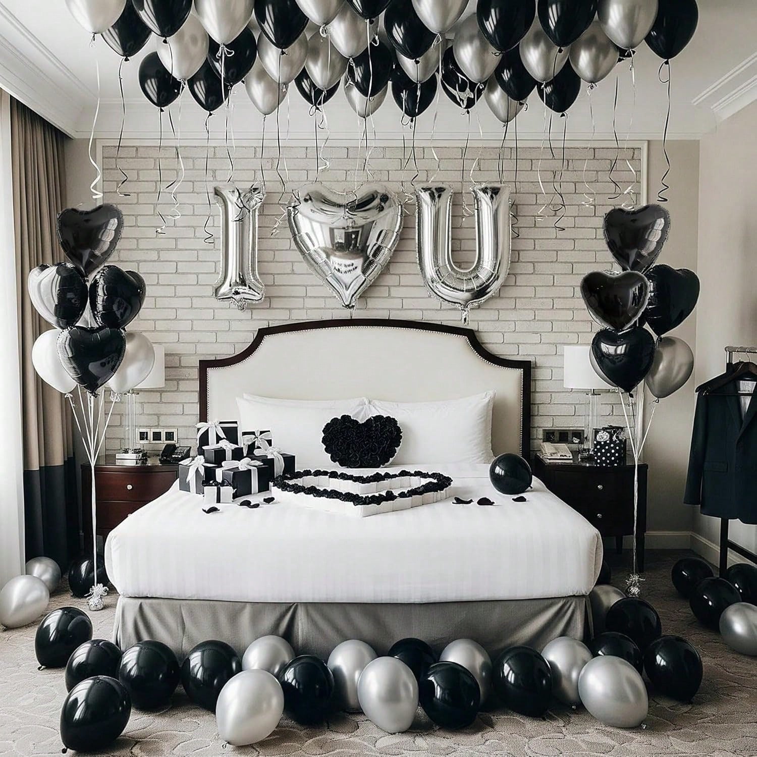 I Love You Balloon Set Black Silver Hearts with Rose Petals for Romantic Decor