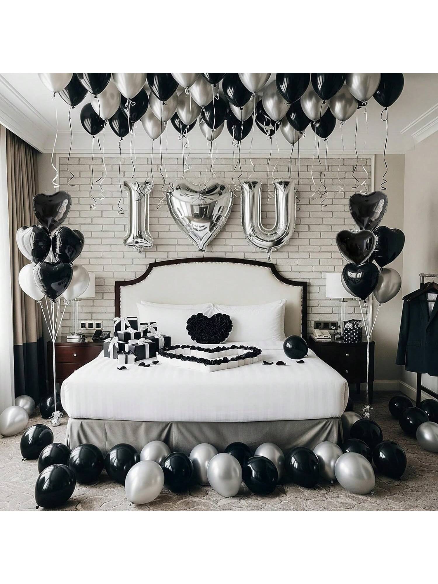 I Love You Balloon Set Black Silver Hearts with Rose Petals for Romantic Decor