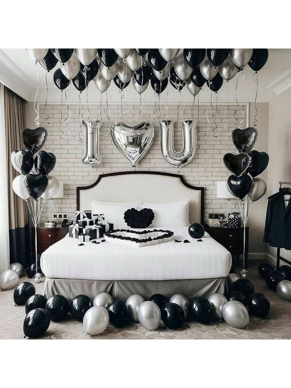 I Love You Balloon Set Black Silver Hearts with Rose Petals for Romantic Decor