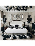 I Love You Balloon Set Black Silver Hearts with Rose Petals for Romantic Decor