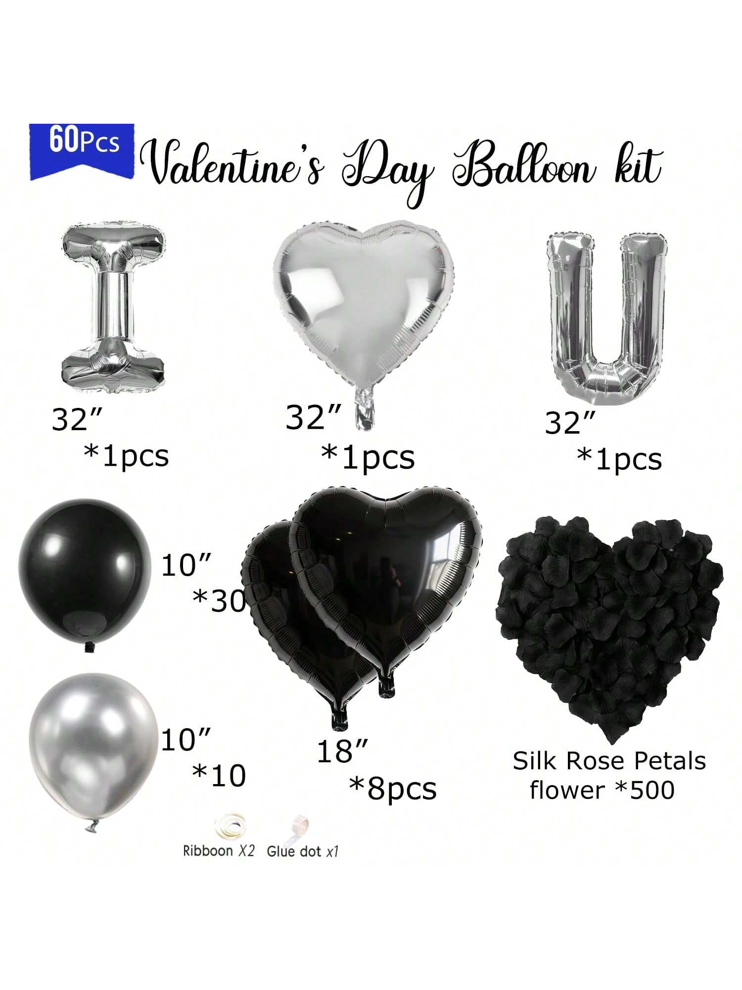 I Love You Balloon Set Black Silver Hearts with Rose Petals for Romantic Decor