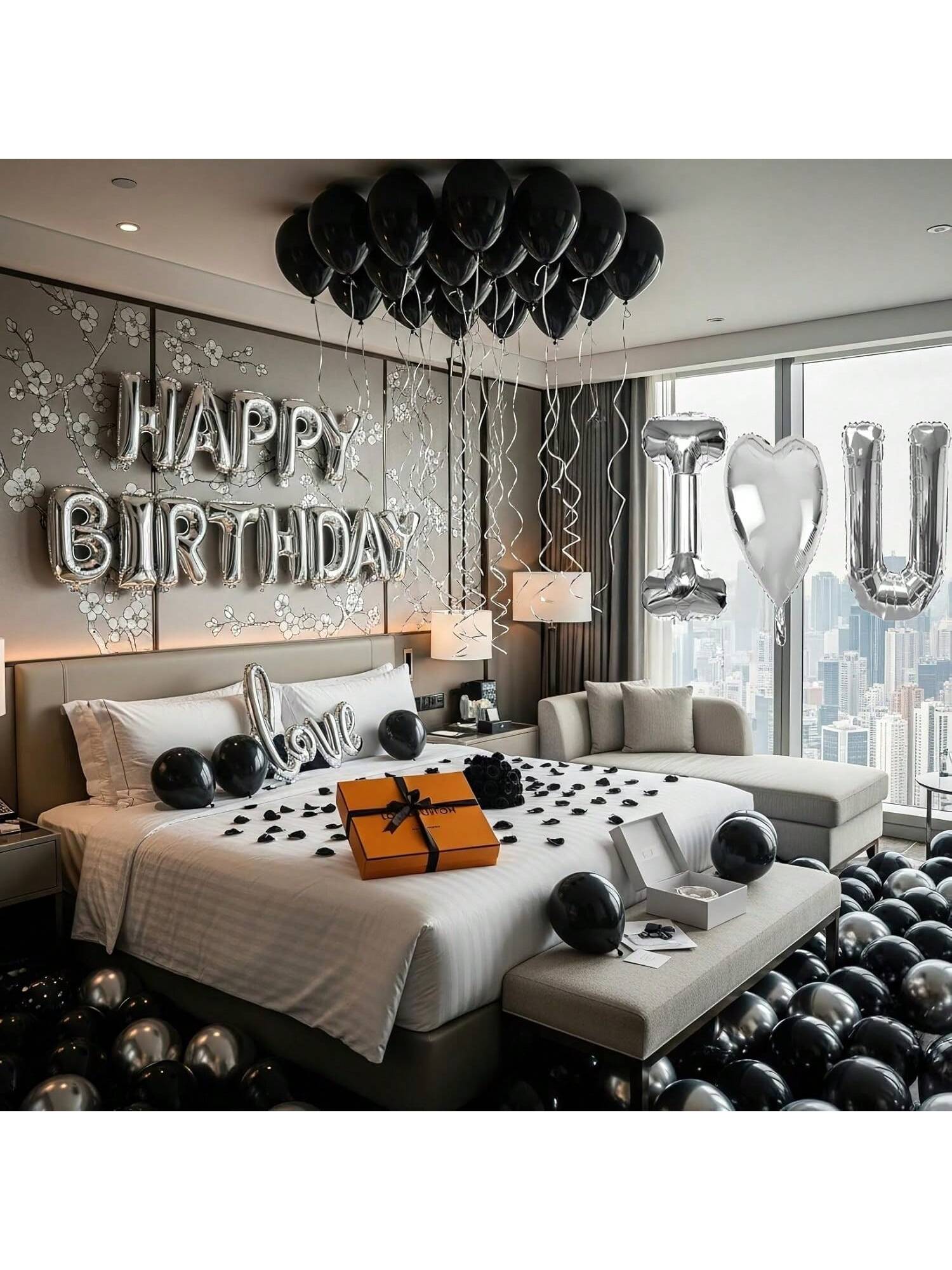 I Love You Balloon Set Black Silver Hearts with Rose Petals for Romantic Decor