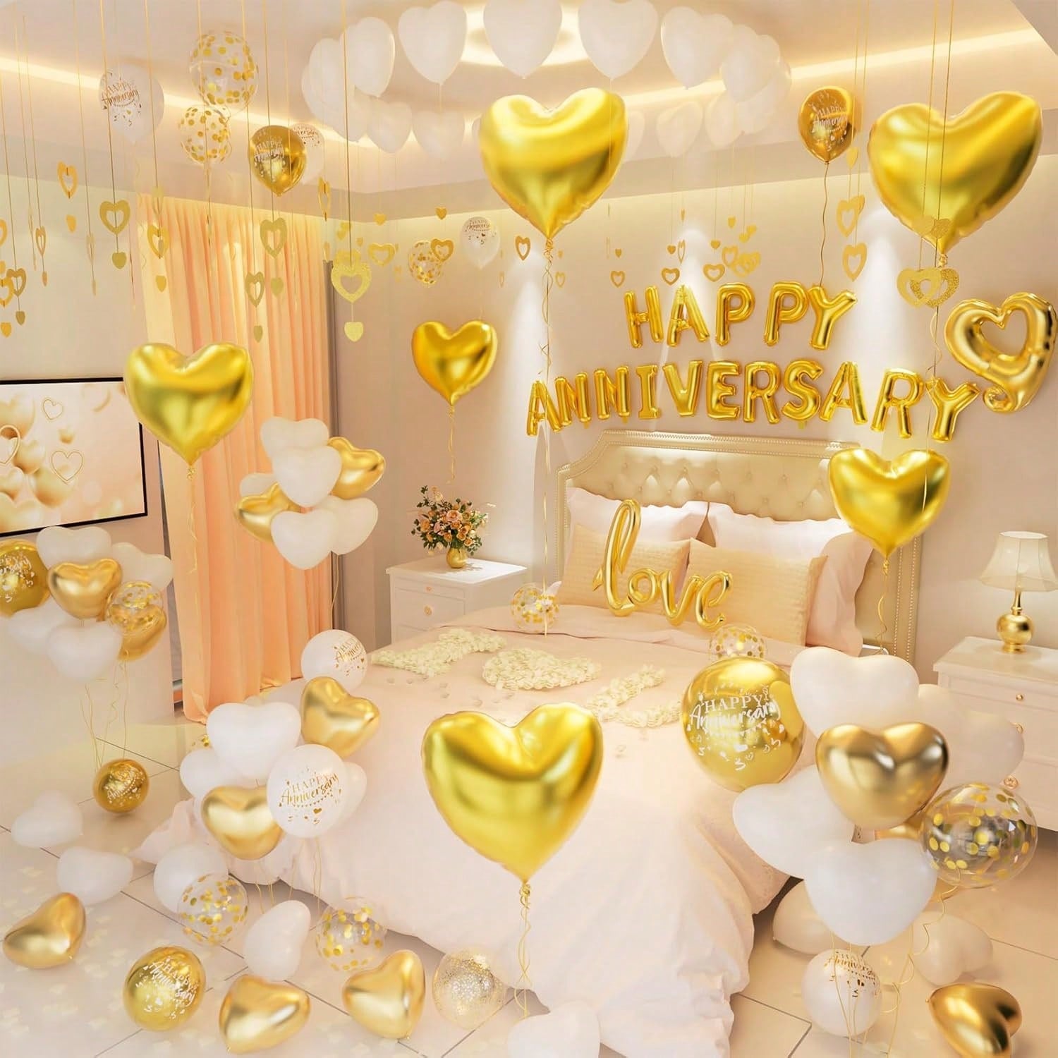 96PCS Anniversary Decorations Banner Pink Heart Balloons Hanging Strings and Rose Petals