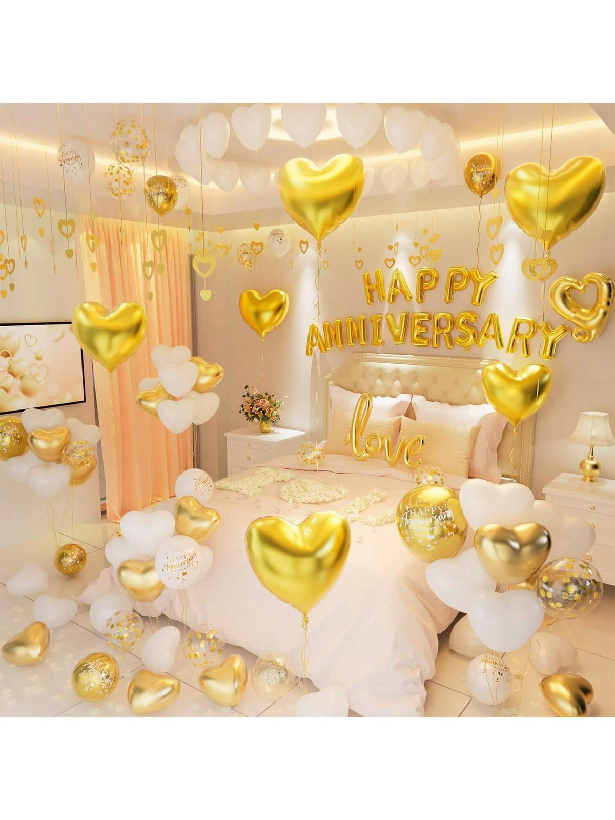 96PCS Anniversary Decorations Banner Pink Heart Balloons Hanging Strings and Rose Petals
