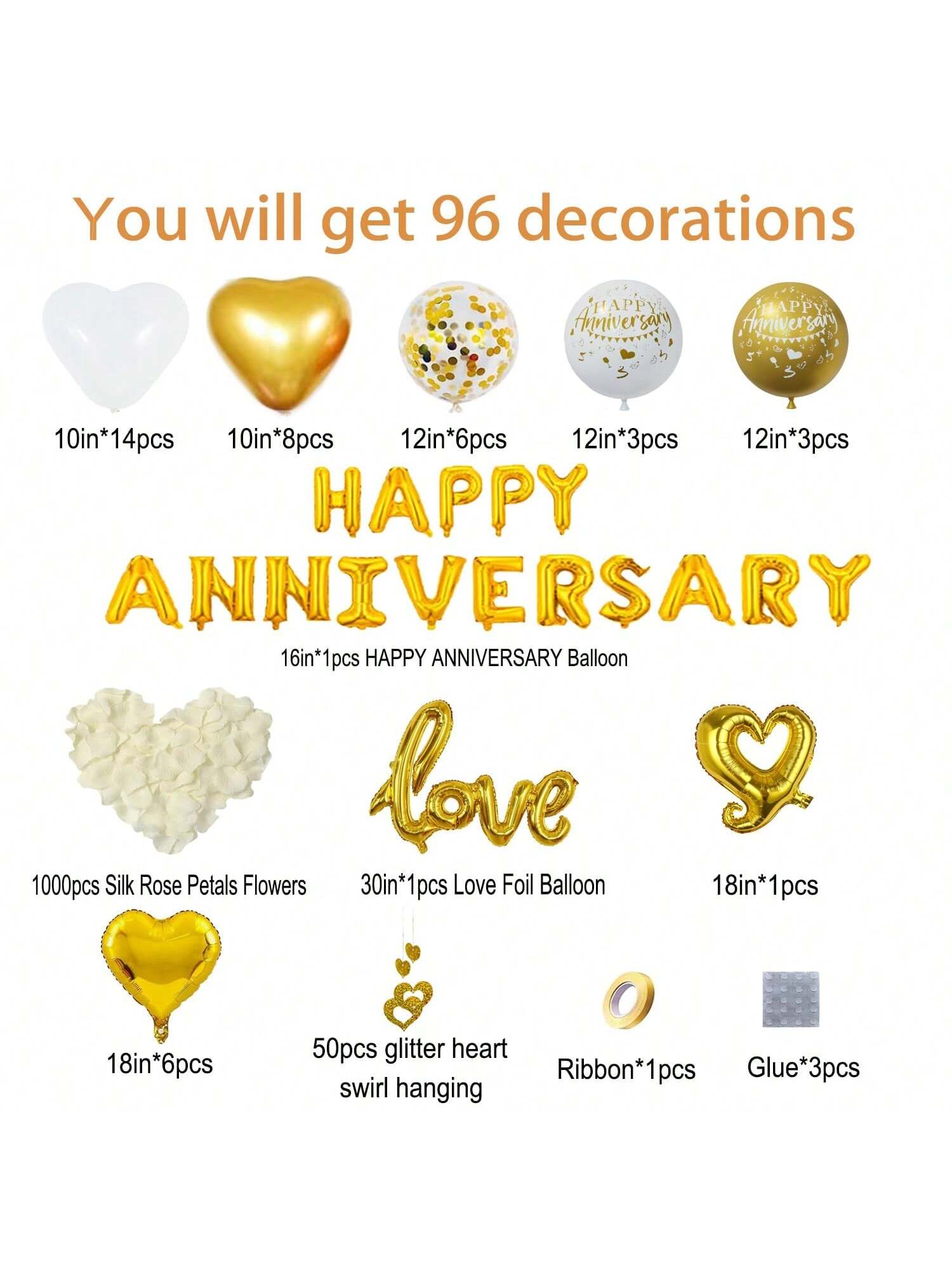 96PCS Anniversary Decorations Banner Pink Heart Balloons Hanging Strings and Rose Petals