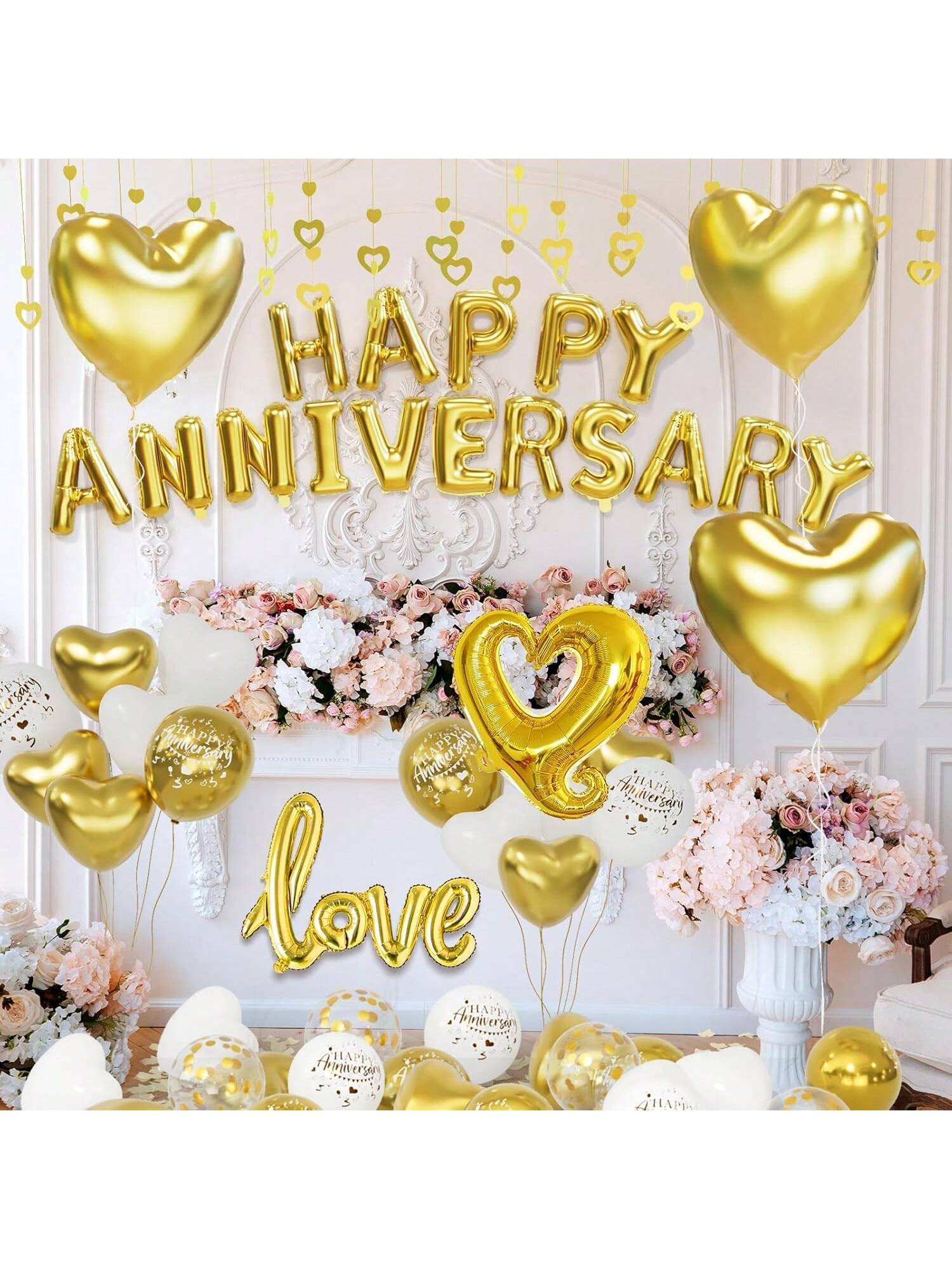 96PCS Anniversary Decorations Banner Pink Heart Balloons Hanging Strings and Rose Petals