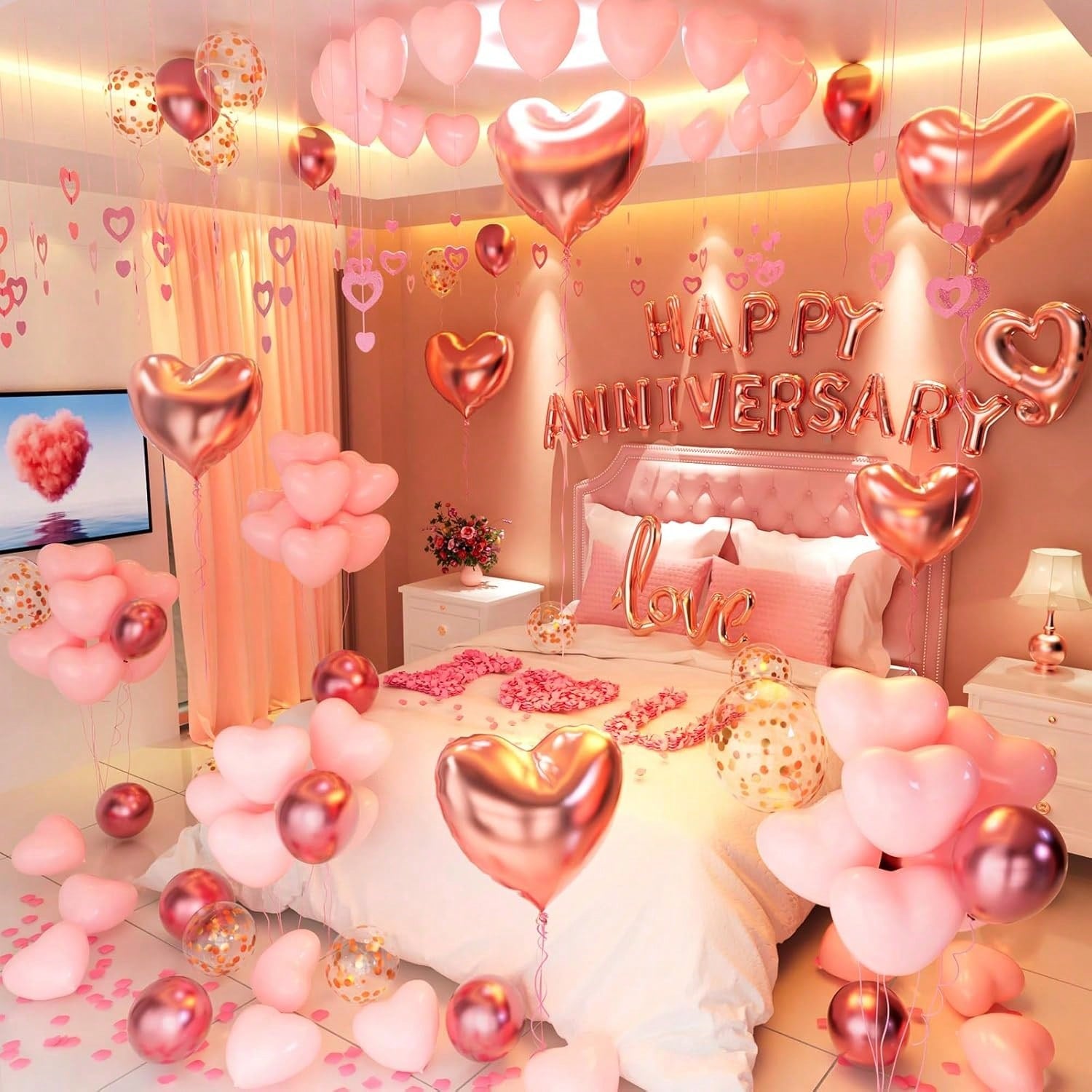 96PCS Anniversary Decorations Banner Pink Heart Balloons Hanging Strings and Rose Petals