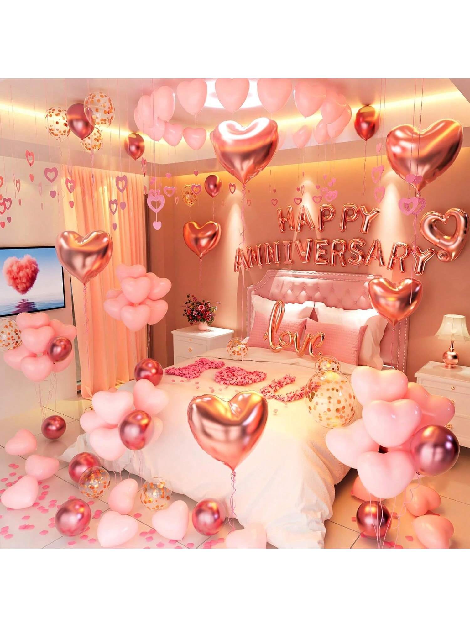 96PCS Anniversary Decorations Banner Pink Heart Balloons Hanging Strings and Rose Petals