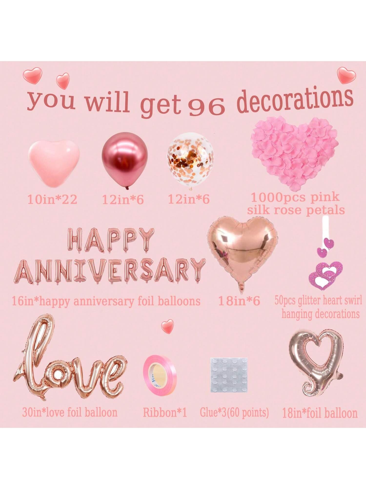 96PCS Anniversary Decorations Banner Pink Heart Balloons Hanging Strings and Rose Petals