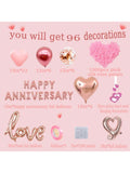 96PCS Anniversary Decorations Banner Pink Heart Balloons Hanging Strings and Rose Petals