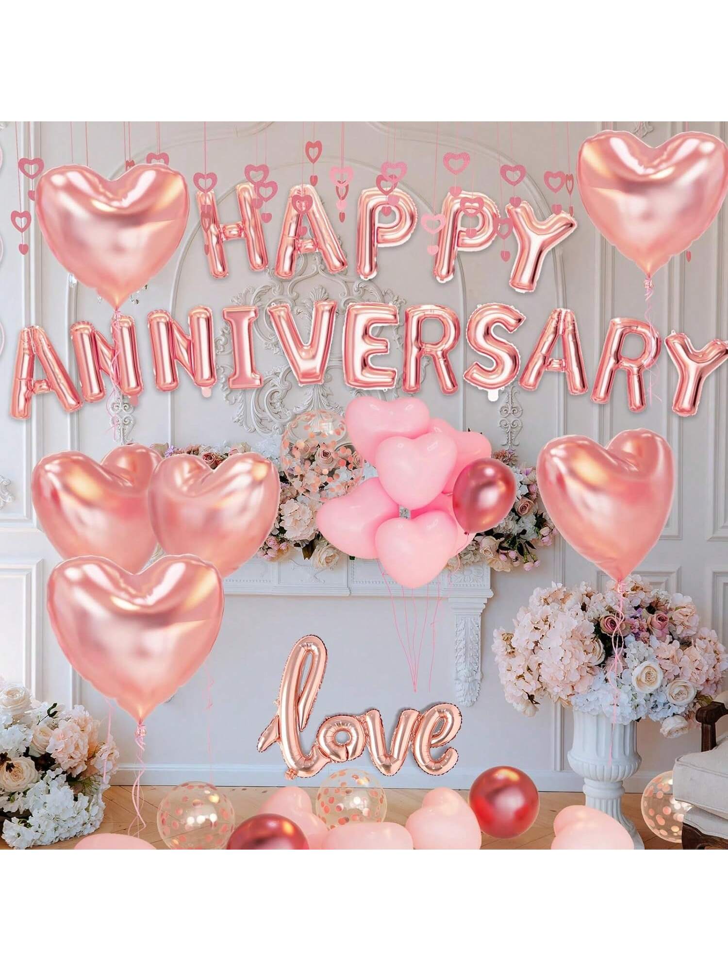 96PCS Anniversary Decorations Banner Pink Heart Balloons Hanging Strings and Rose Petals