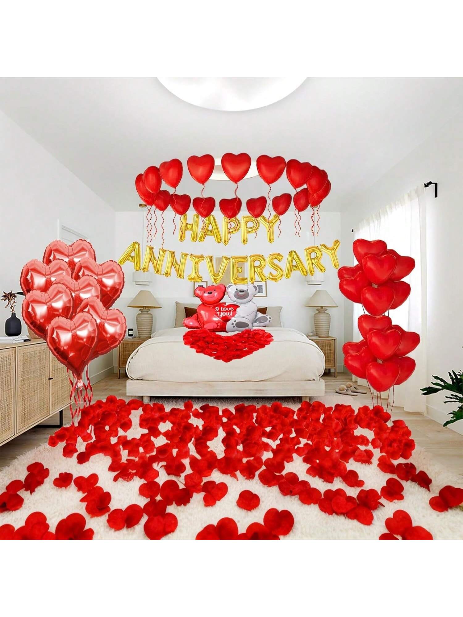 Happy Anniversary Balloon Set Romantic Hearts with Aniversario Banner Decor
