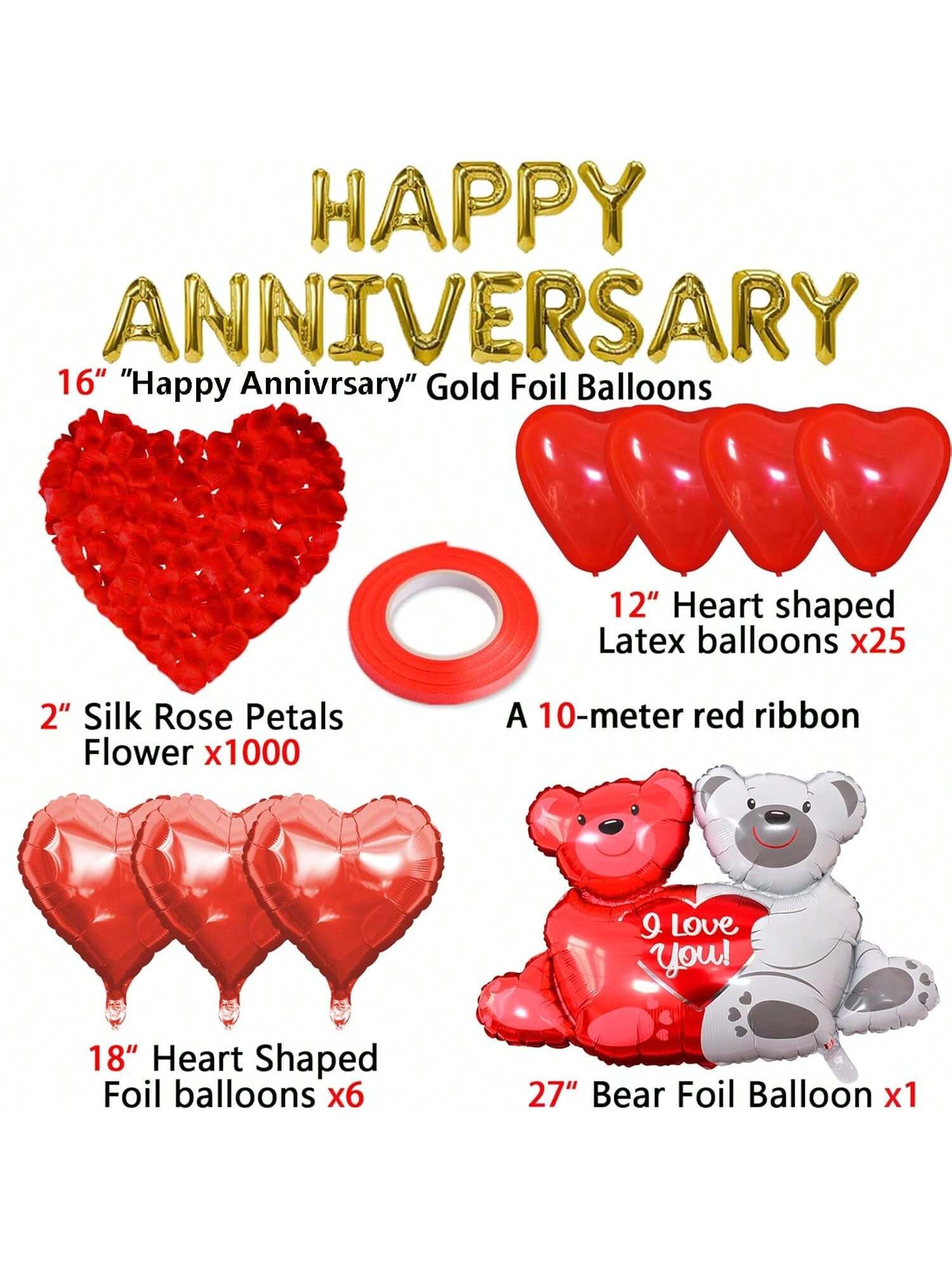 Happy Anniversary Balloon Set Romantic Hearts with Aniversario Banner Decor