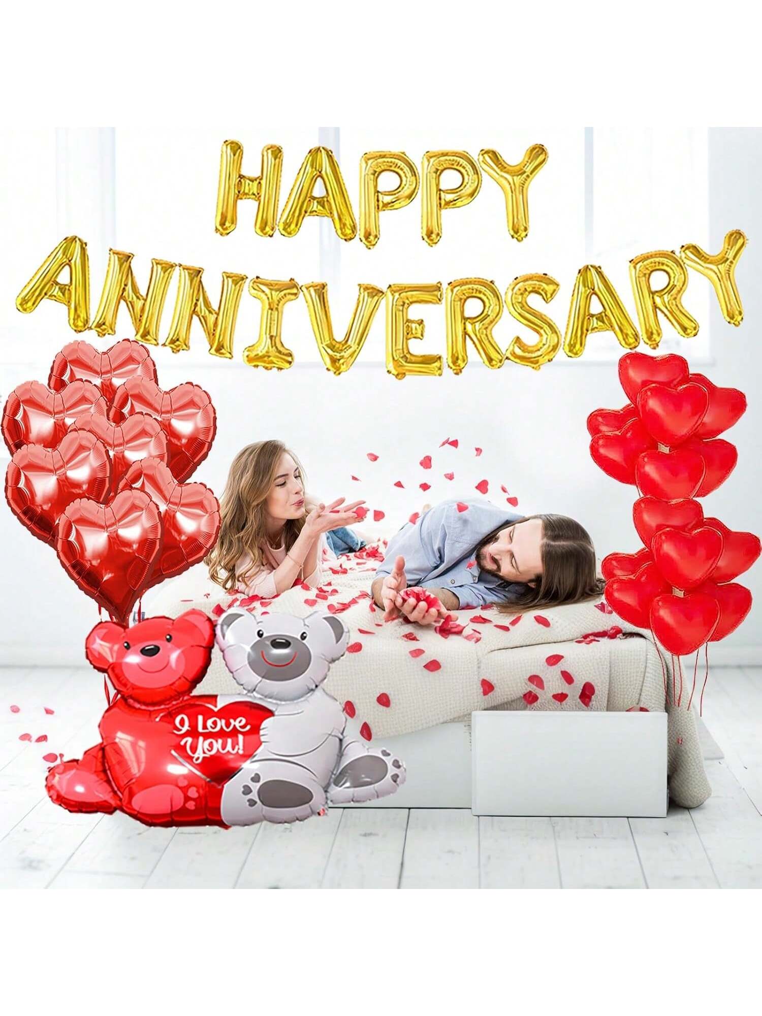 Happy Anniversary Balloon Set Romantic Hearts with Aniversario Banner Decor