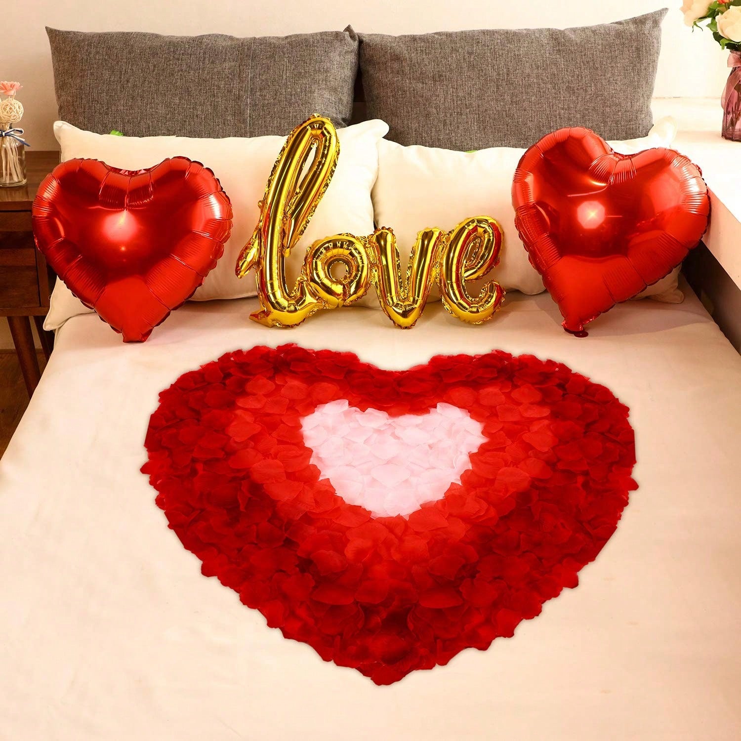 Valentine Red Heart Foil Balloons with Rose Petals and Confetti for Party Decor