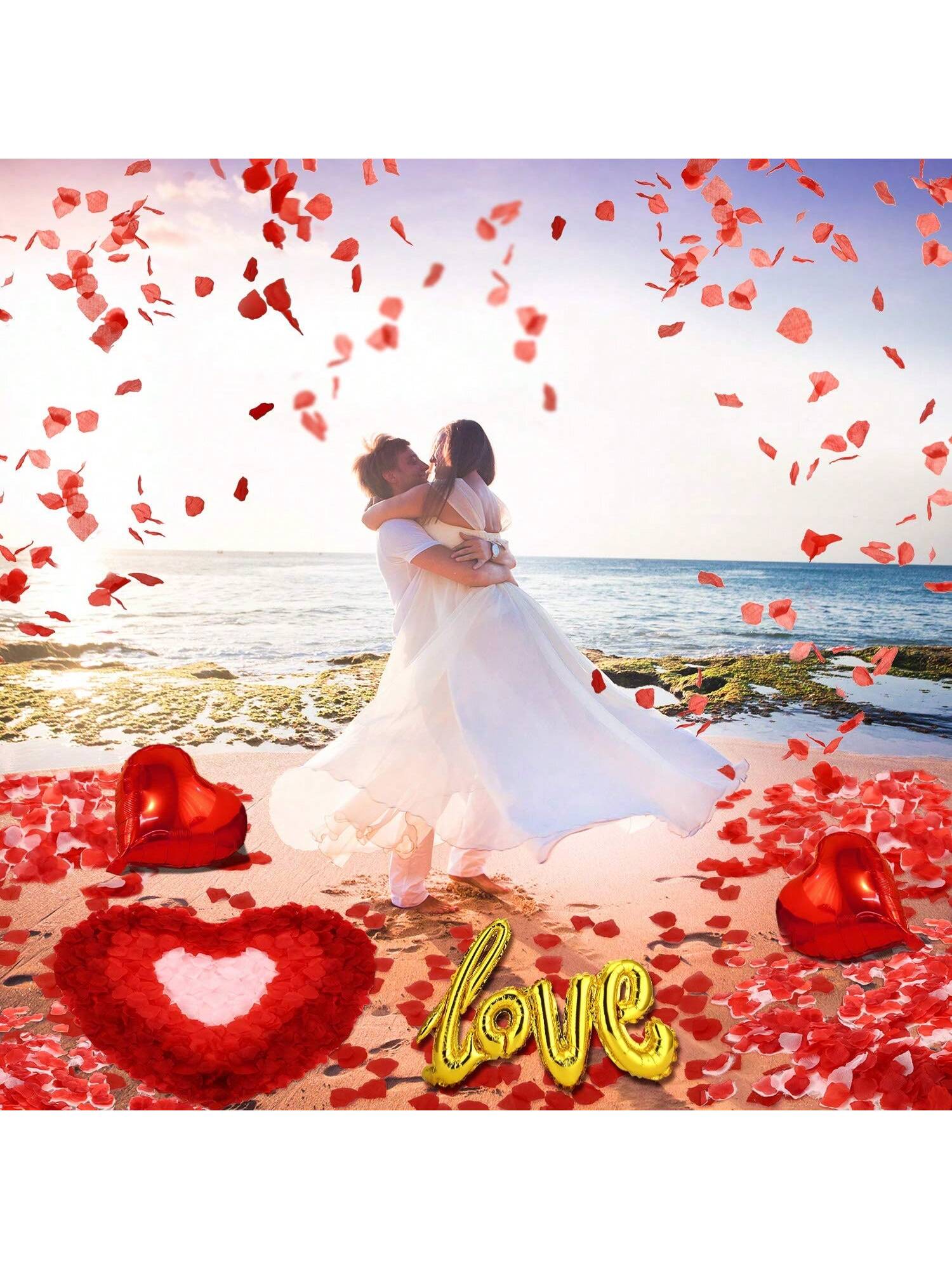 Valentine Red Heart Foil Balloons with Rose Petals and Confetti for Party Decor