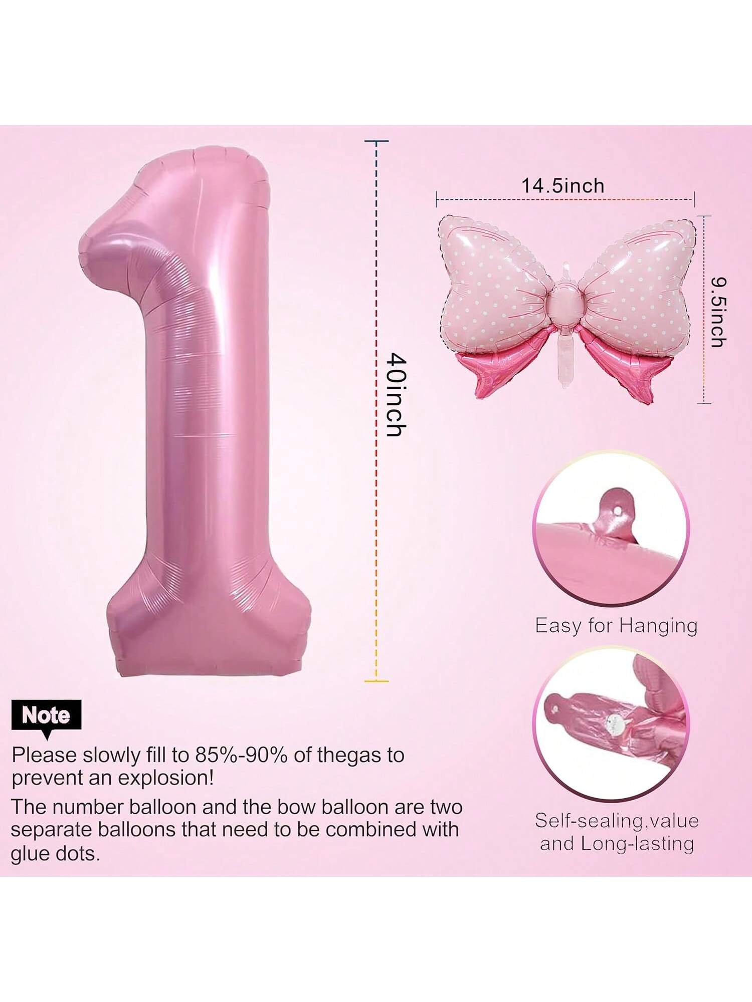 40-Inch Pink Number 1 Foil Balloon with Mini Bow for Girl's 1st Birthday Party