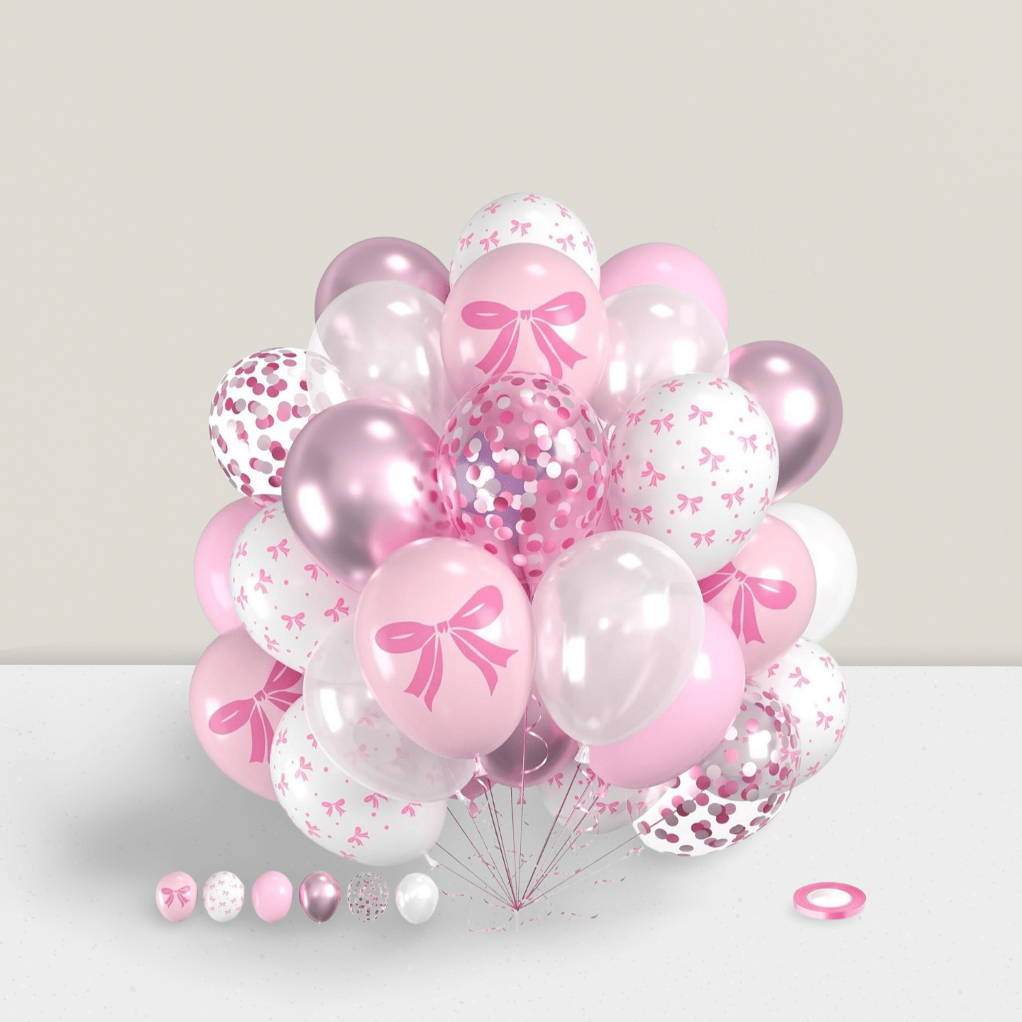 60pcs Pink Bow Latex Balloons Pink White Metallic Confetti for Party Decor