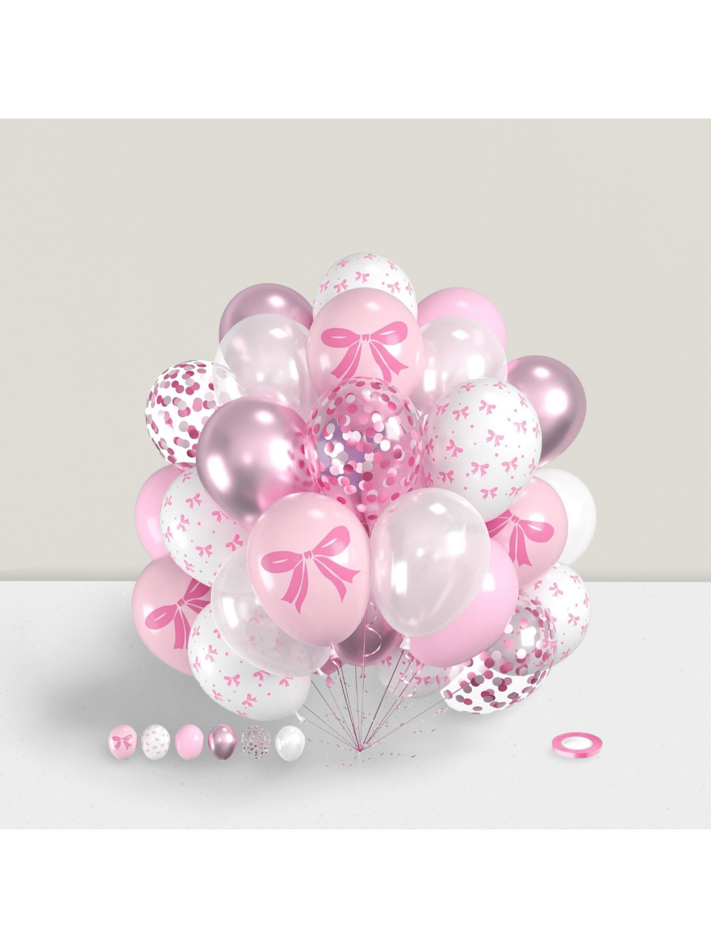 60pcs Pink Bow Latex Balloons Pink White Metallic Confetti for Party Decor