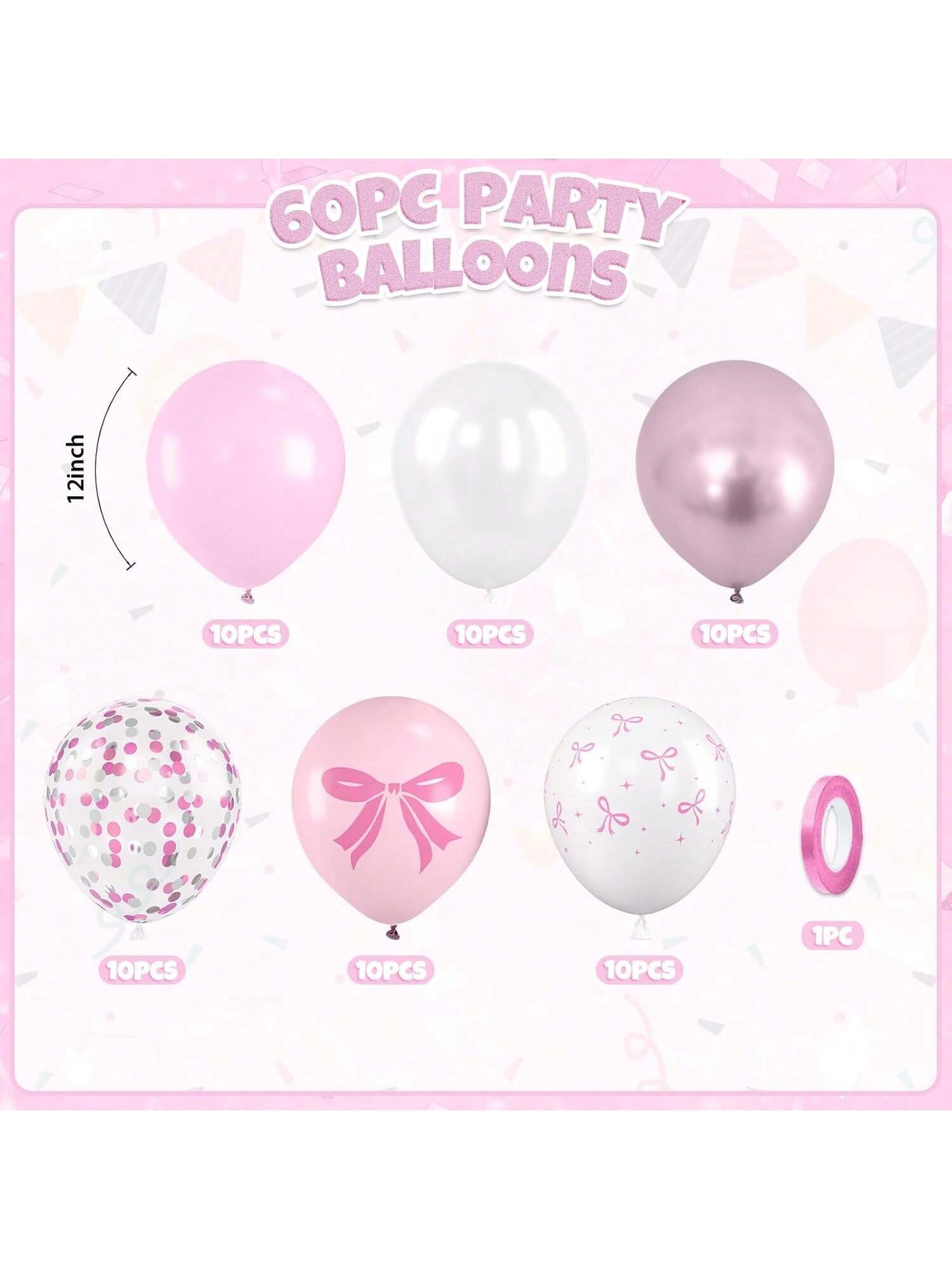 60pcs Pink Bow Latex Balloons Pink White Metallic Confetti for Party Decor