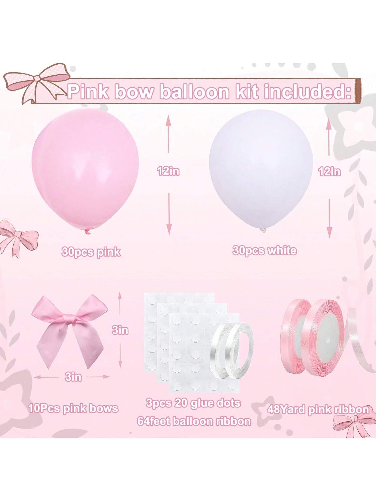 60pcs Pink Bow Balloons Pink White DIY Decorations for Parties