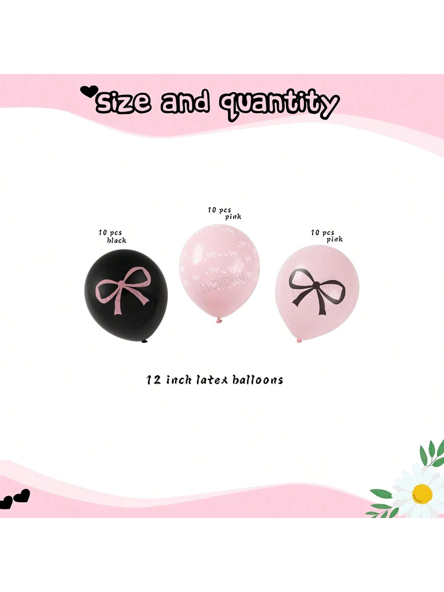 30pcs Pink Black 12 Inch Bow Balloons Elegant Party Decorations for Birthday Shower