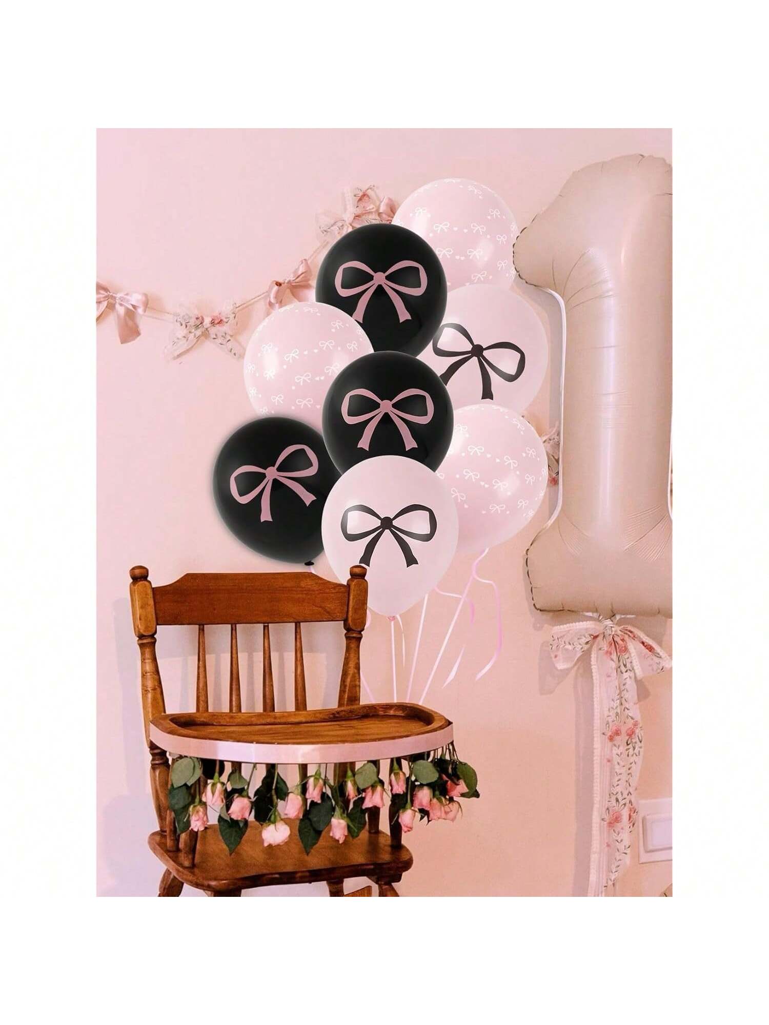 30pcs Pink Black 12 Inch Bow Balloons Elegant Party Decorations for Birthday Shower