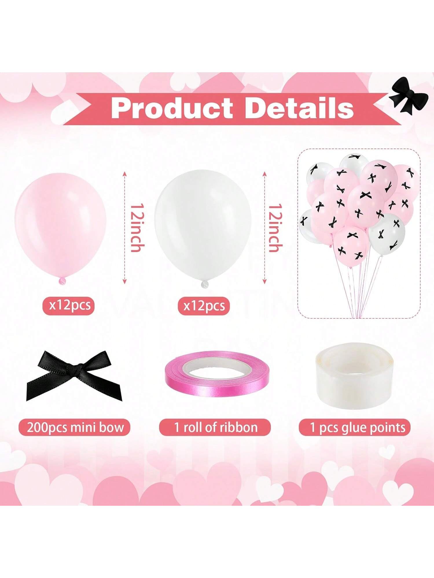 24pcs Black 12 Inch Balloons with 200 Pink White Bows Coquette Party Decor